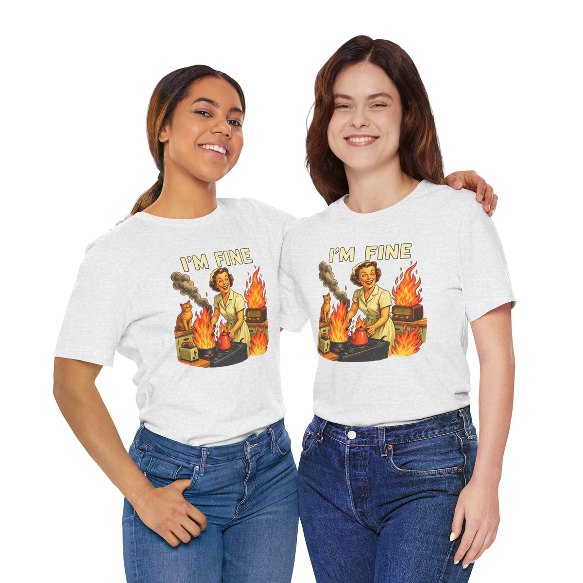 I'm Fine T‑Shirt — Retro Housewife Amid Kitchen Flames Graphic Tee