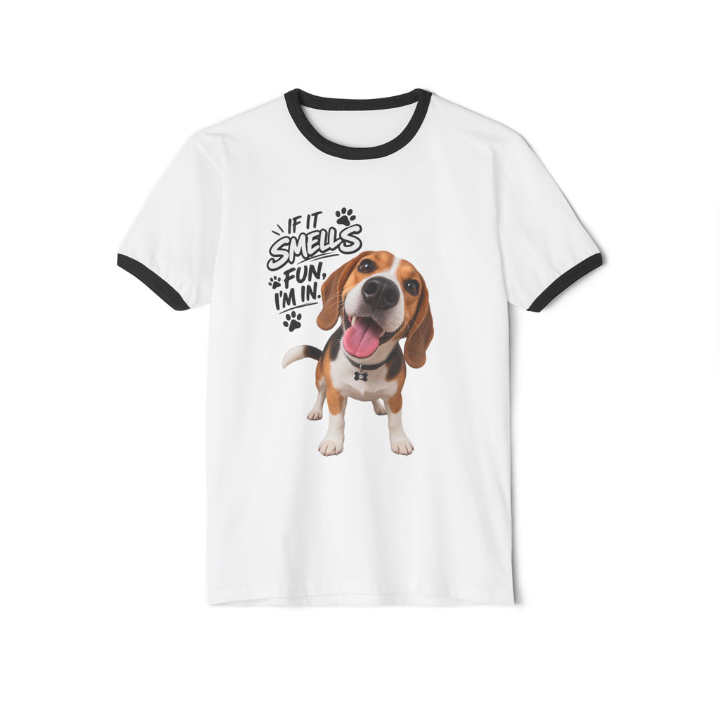 Beagle Smiles Ringer T-Shirt — "If It Smells Fun I'm In" Dog Tee