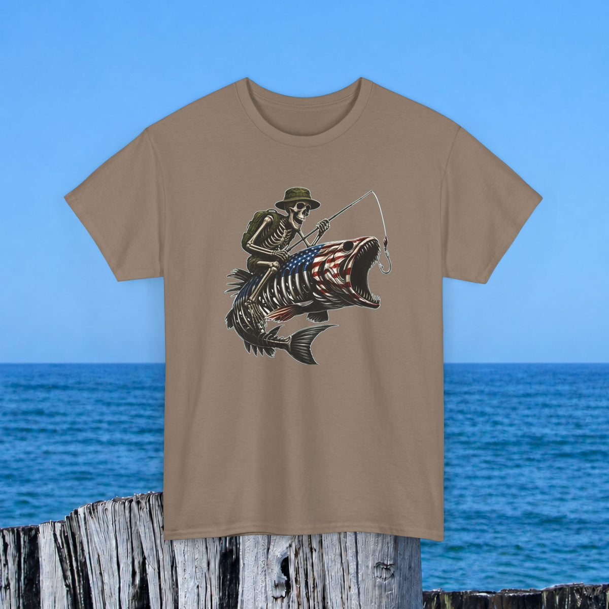 Fishing Skeleton T-Shirt — Patriotic American Fish Skull Graphic Tee