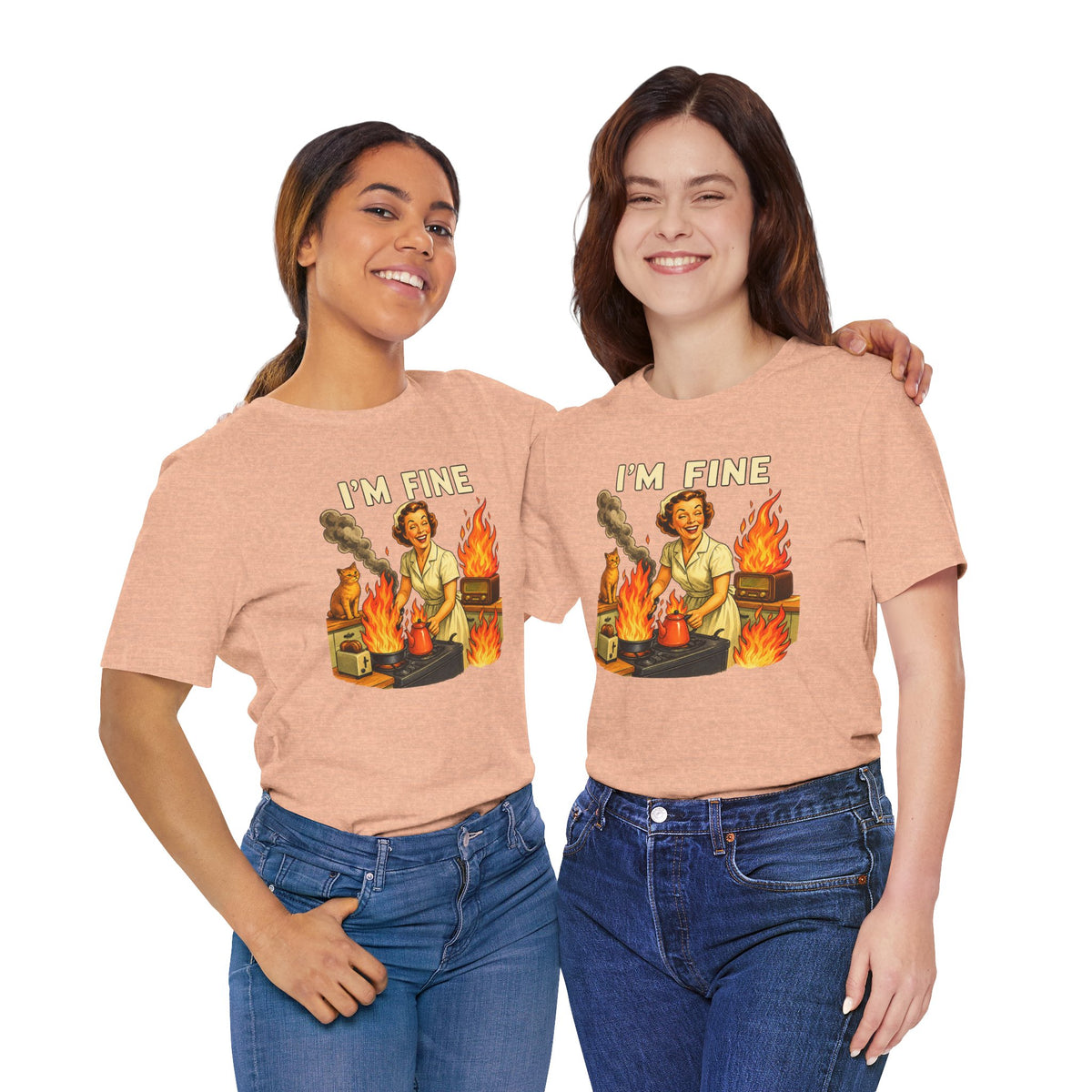 I'm Fine T‑Shirt — Retro Housewife Amid Kitchen Flames Graphic Tee