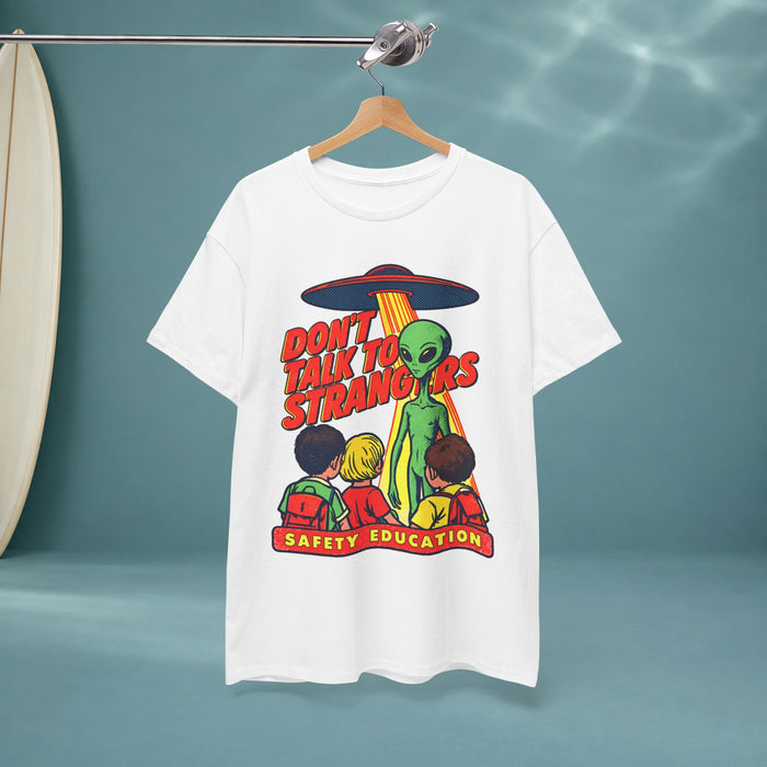 Alien 'Don't Talk to Strangers' Graphic Tee — Retro Safety Education Design