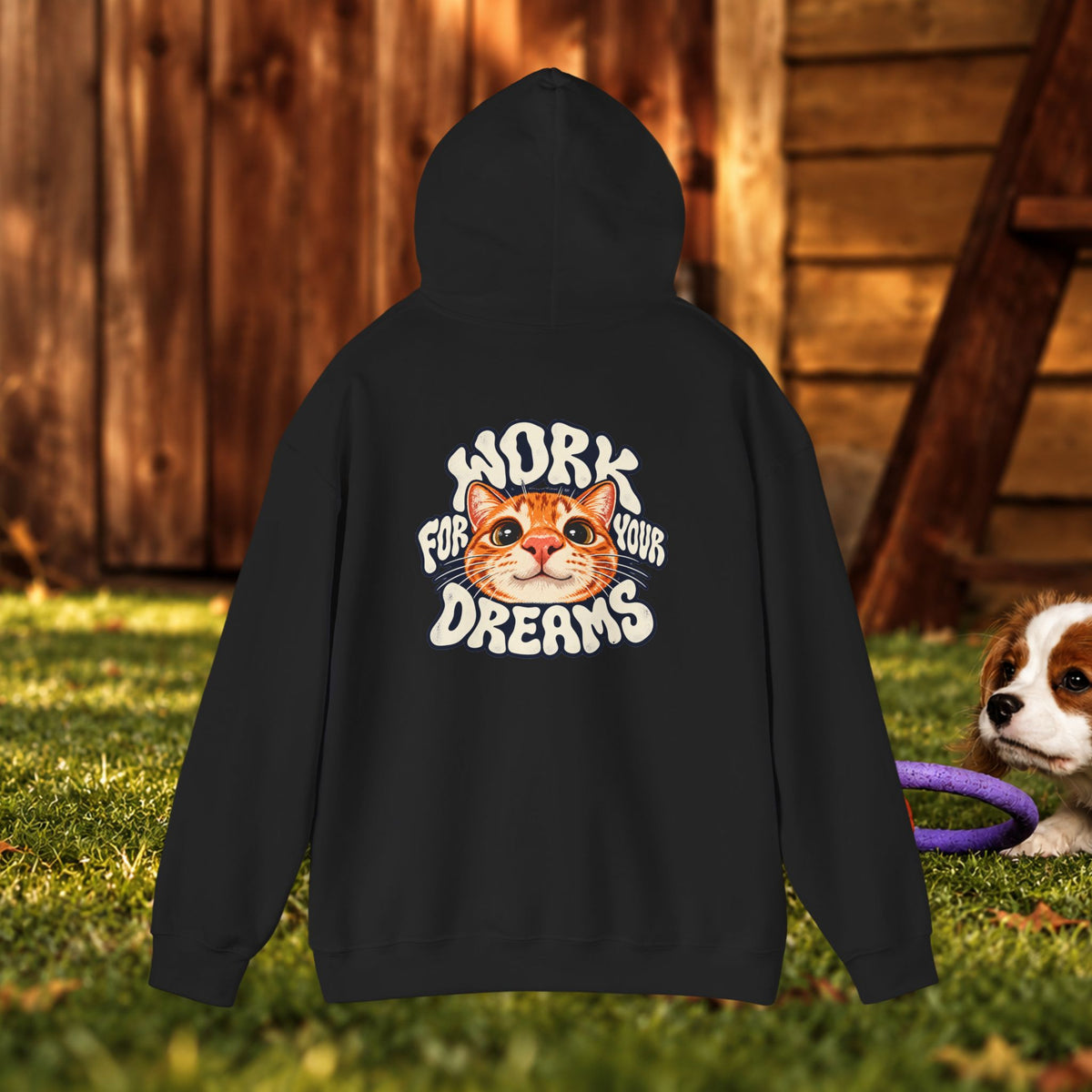 Hoodie - "Work For Your Dreams" Cute Cat Retro Graphic Hooded Sweatshirt