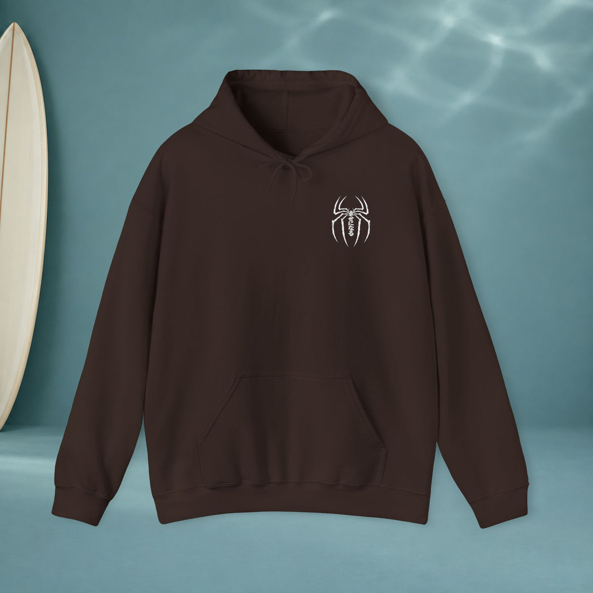 Spider Emblem Hoodie — Red Kanji Back Graphic