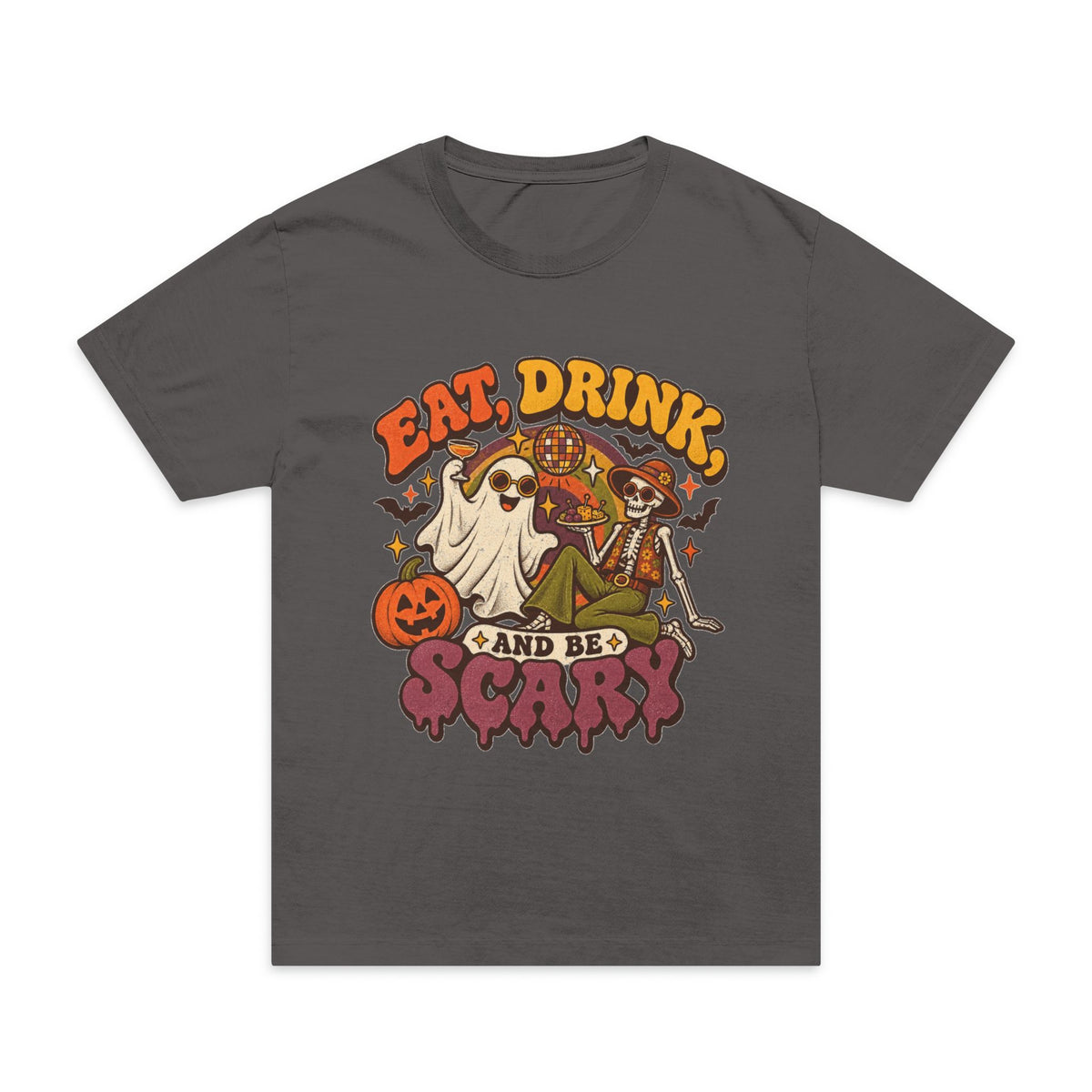 Halloween T-Shirt — "Eat, Drink, and Be Scary" Retro Ghost & Pumpkin Tee