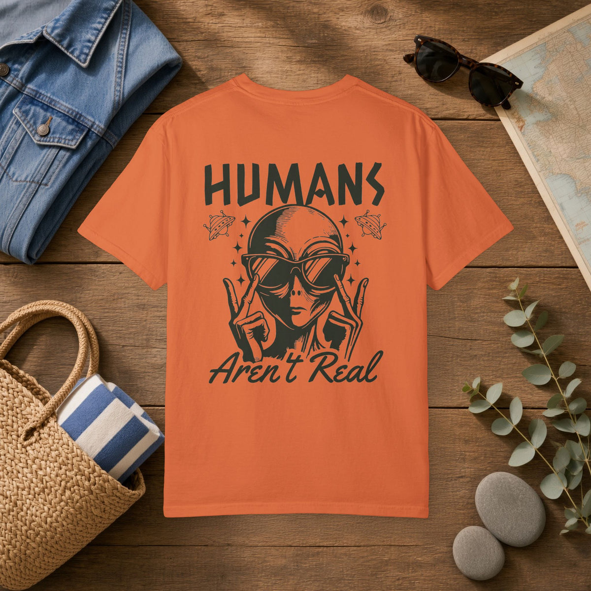 Alien Graphic T-Shirt — "Humans Aren't Real" Retro UFO Tee