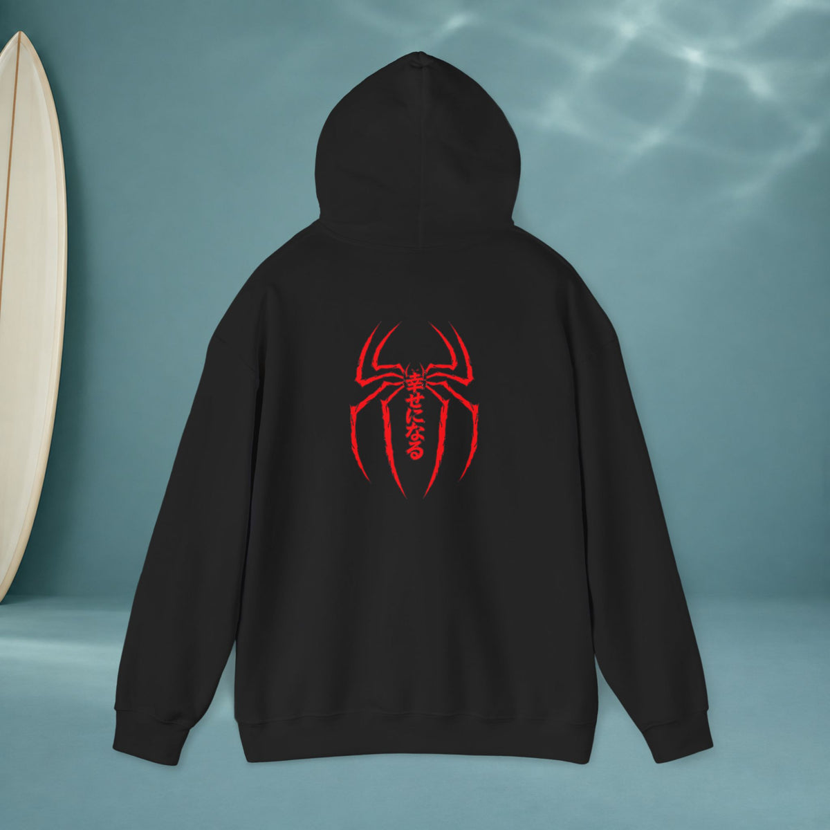 Spider Emblem Hoodie — Red Kanji Back Graphic