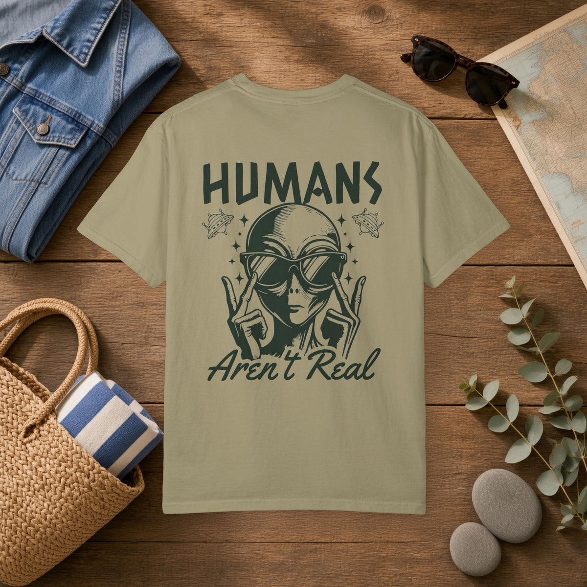 Alien Graphic T-Shirt — "Humans Aren't Real" Retro UFO Tee