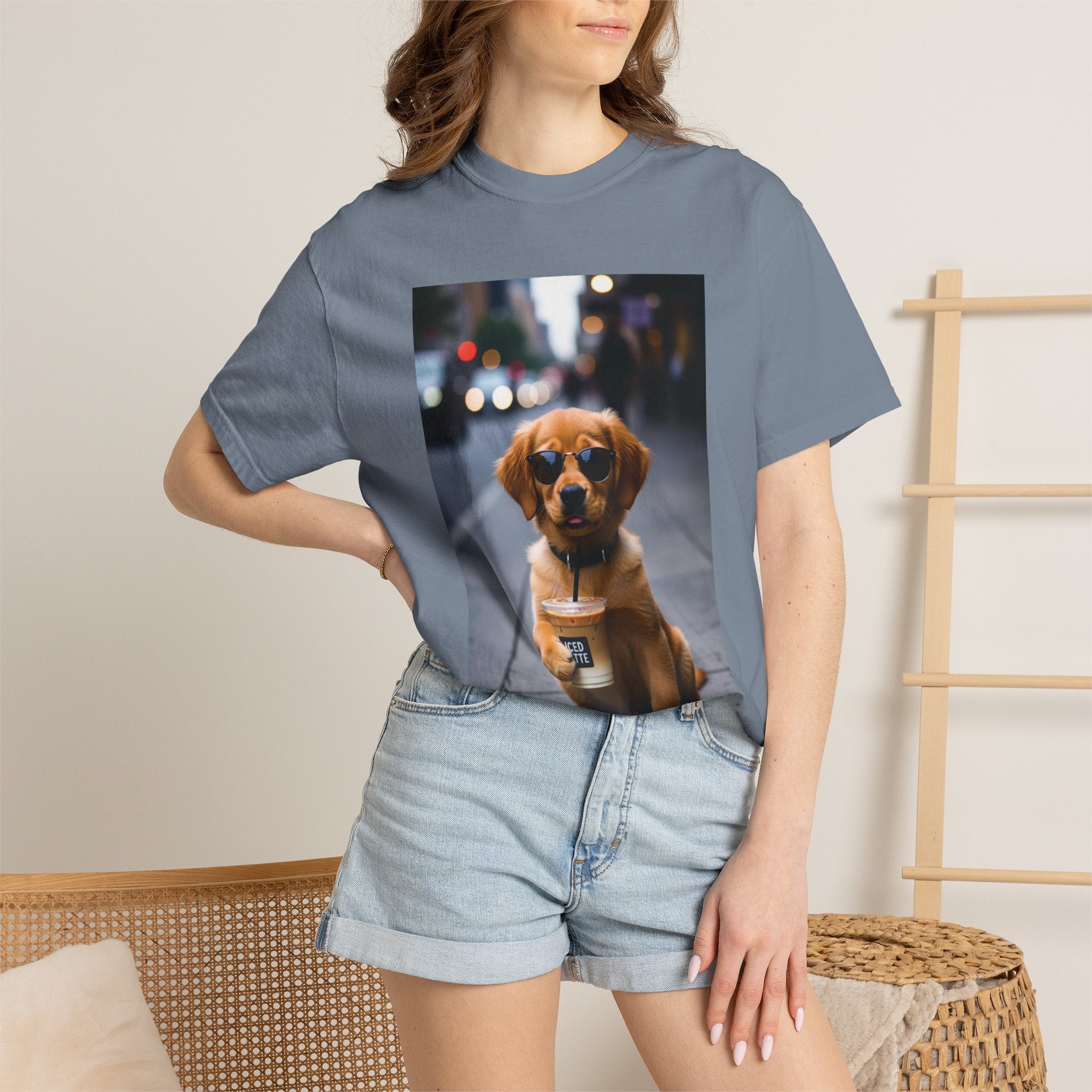 Puppy Coffee Photo T-Shirt — Cute Dog Street Photo Tee