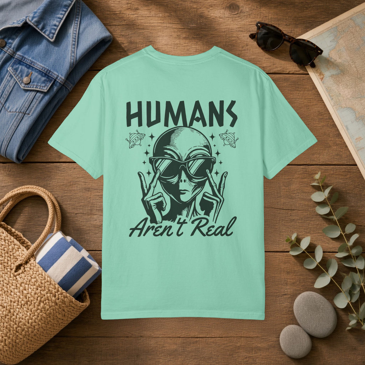 Alien Graphic T-Shirt — "Humans Aren't Real" Retro UFO Tee