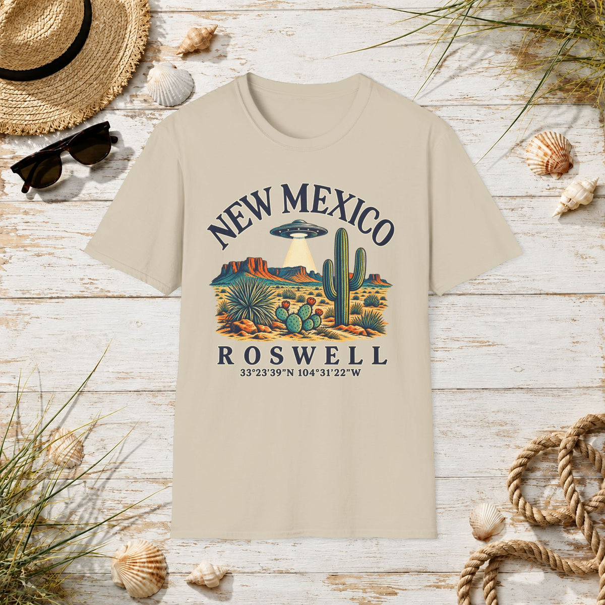 New Mexico Roswell UFO T-Shirt — Retro Desert Cactus Travel Tee