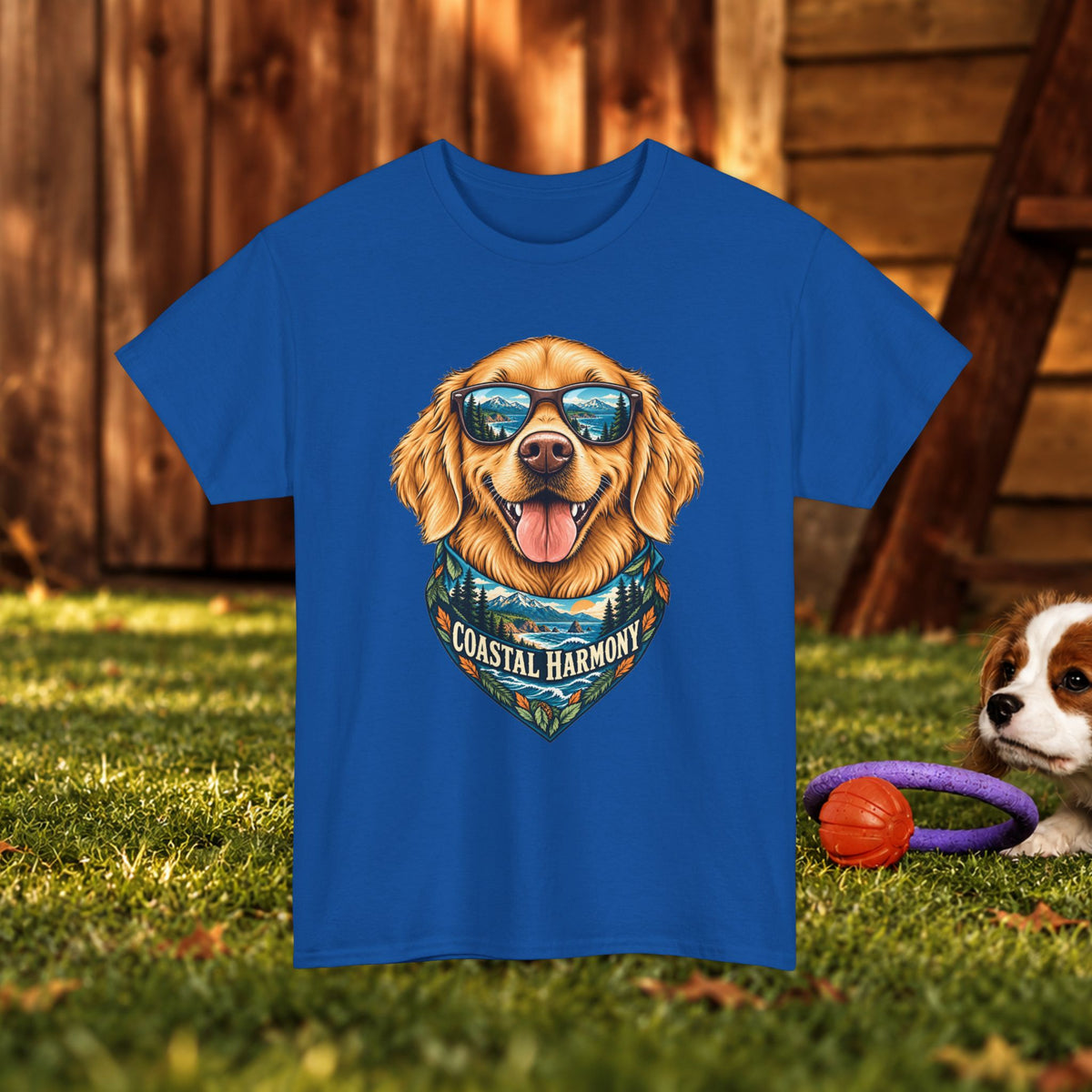Golden Retriever Coastal Harmony T-Shirt — Dog Lover Beach Tee