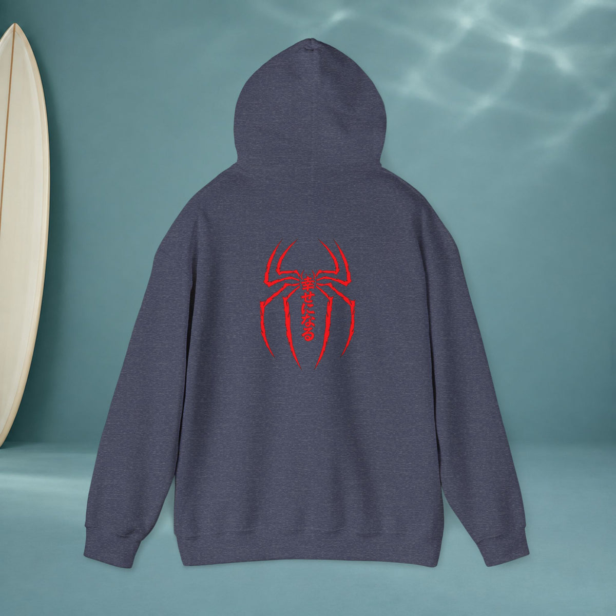 Spider Emblem Hoodie — Red Kanji Back Graphic