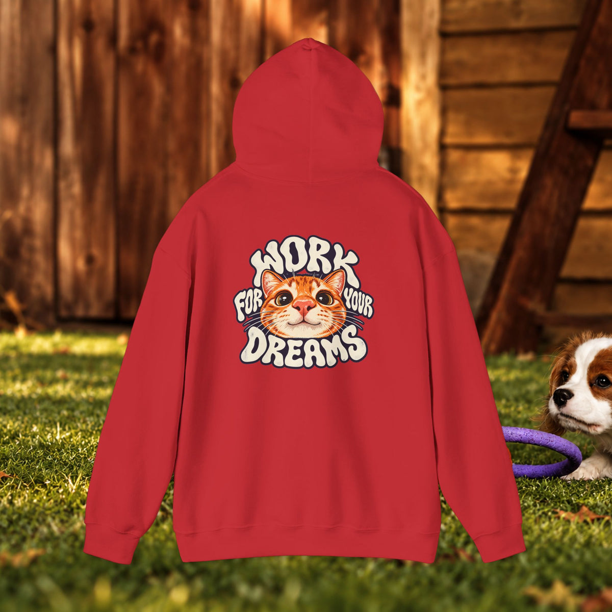 Hoodie - "Work For Your Dreams" Cute Cat Retro Graphic Hooded Sweatshirt