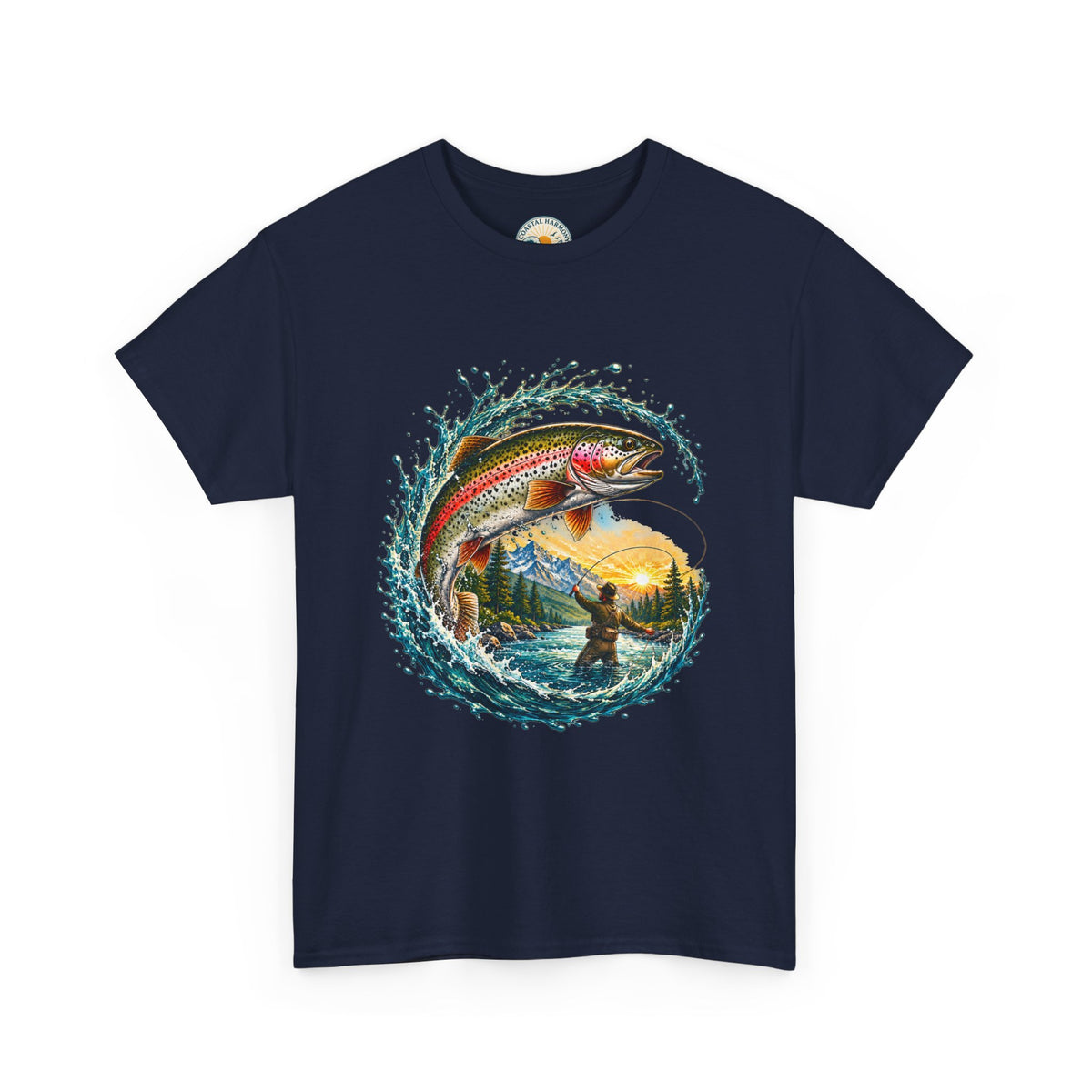 Fishing T-Shirt — Rainbow Trout Wave Design (Fisherman Sunset Scene)