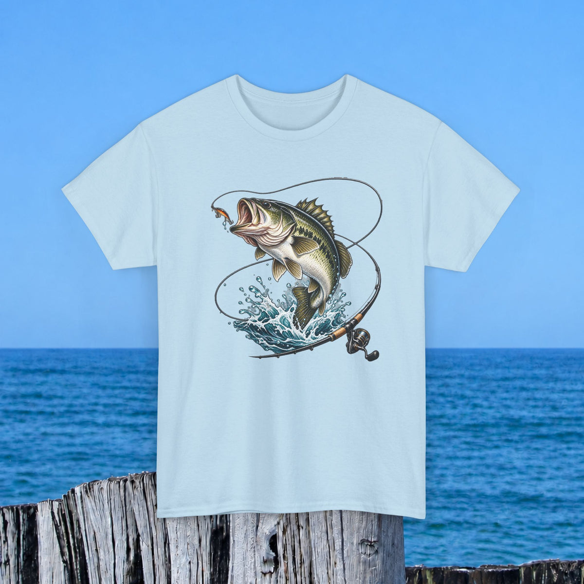 Bass Fishing T-Shirt – Leaping Fish & Reel Graphic Tee