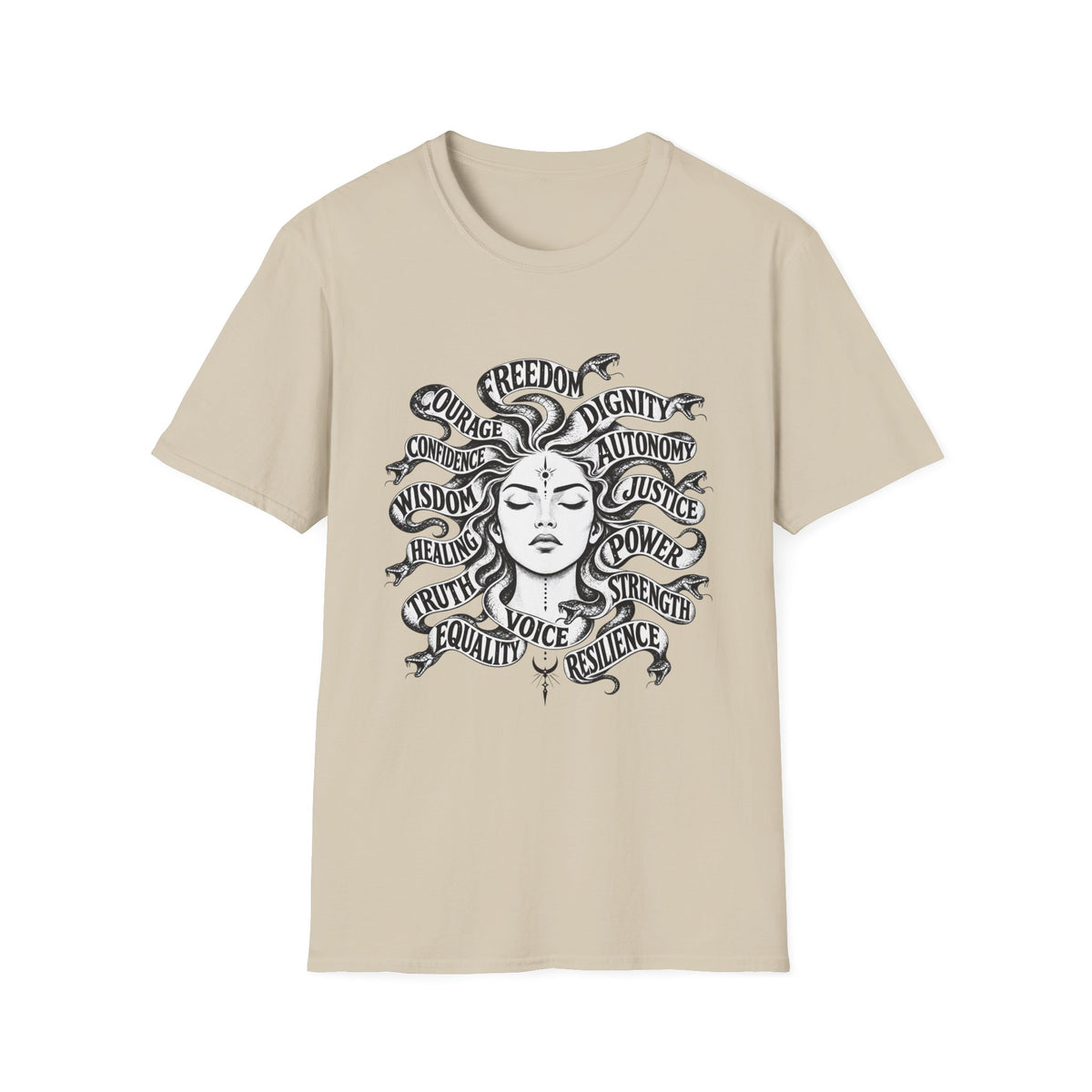 T-Shirt — Feminist Goddess Typography Tee (Freedom • Dignity • Autonomy • Justice)