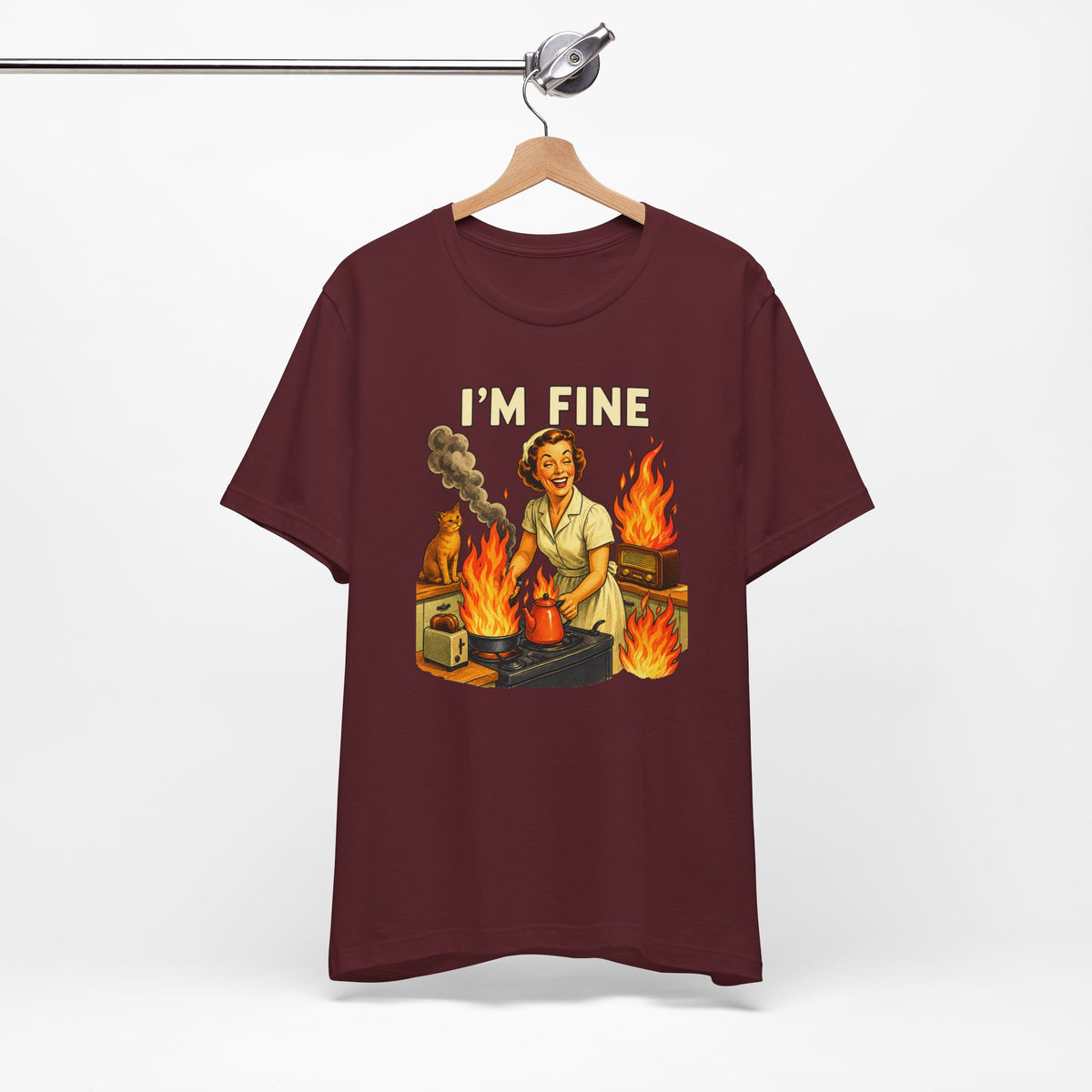 I'm Fine T‑Shirt — Retro Housewife Amid Kitchen Flames Graphic Tee