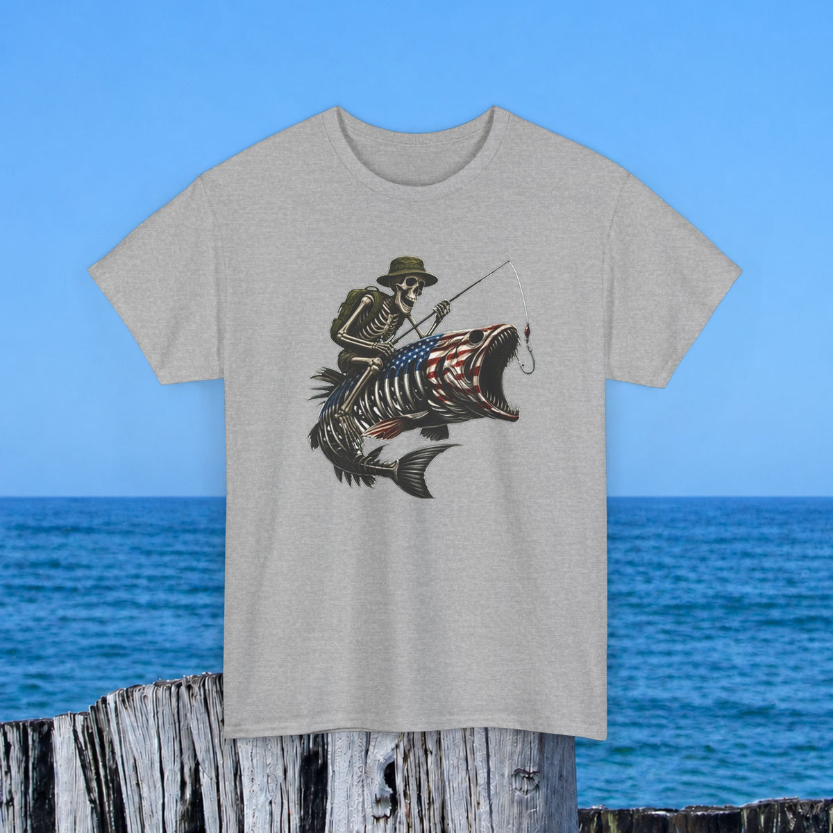 Fishing Skeleton T-Shirt — Patriotic American Fish Skull Graphic Tee