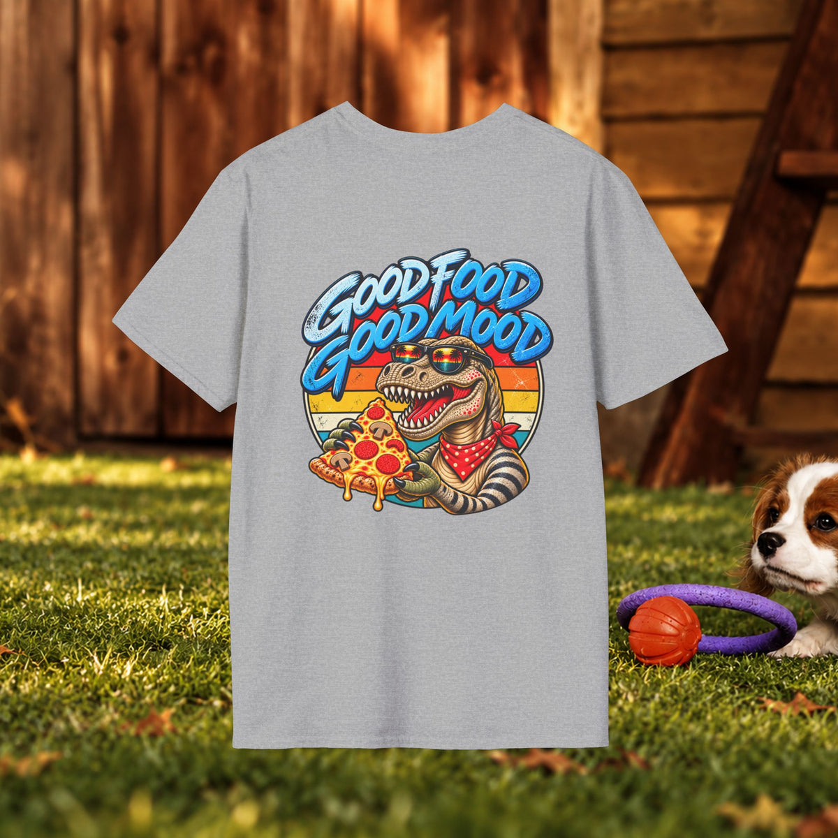 T-Shirt — "Good Food Good Mood" Raccoon Pizza Graphic Tee