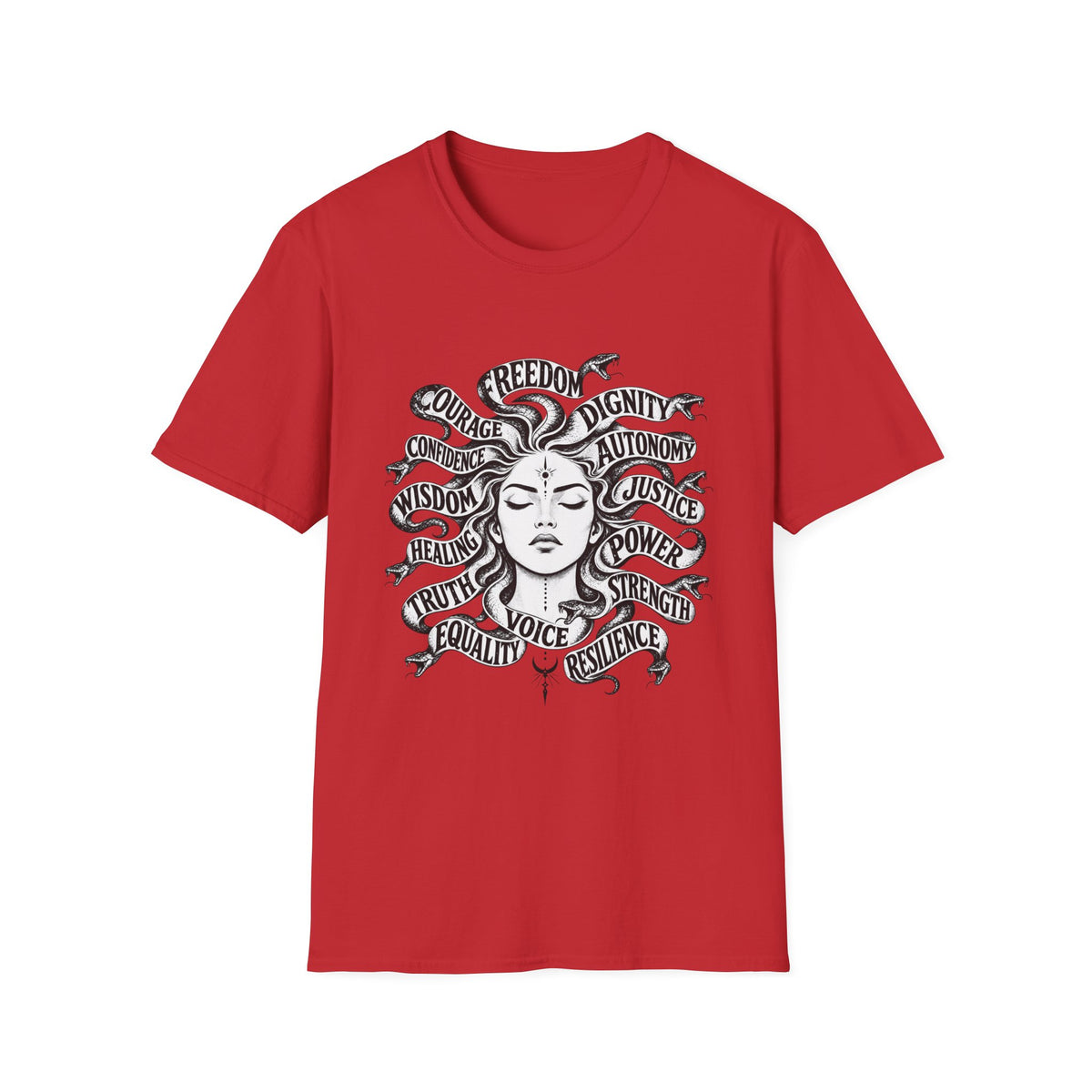 T-Shirt — Feminist Goddess Typography Tee (Freedom • Dignity • Autonomy • Justice)