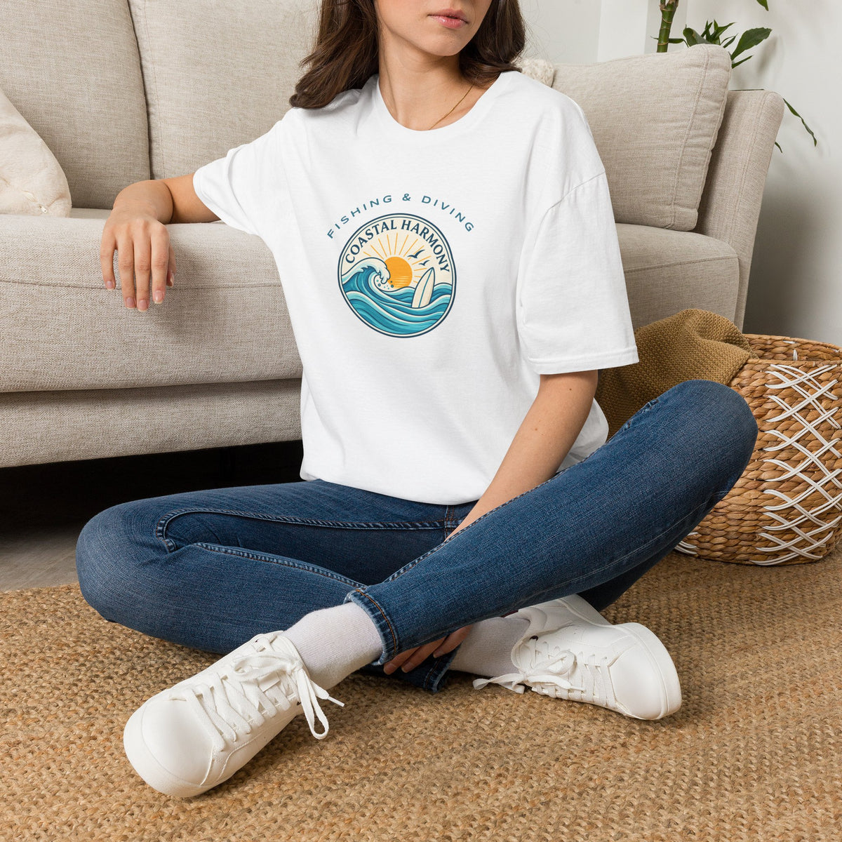 Coastal Harmony Surf & Fishing T-Shirt — Sun, Waves & Surfboard Graphic