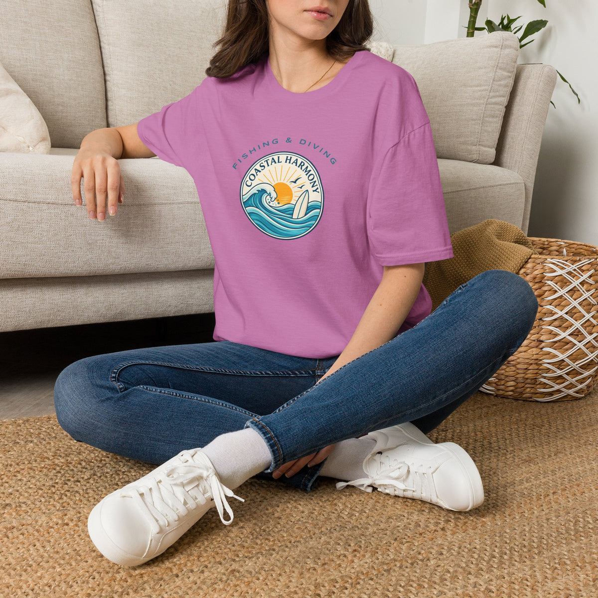 Coastal Harmony Surf & Fishing T-Shirt — Sun, Waves & Surfboard Graphic