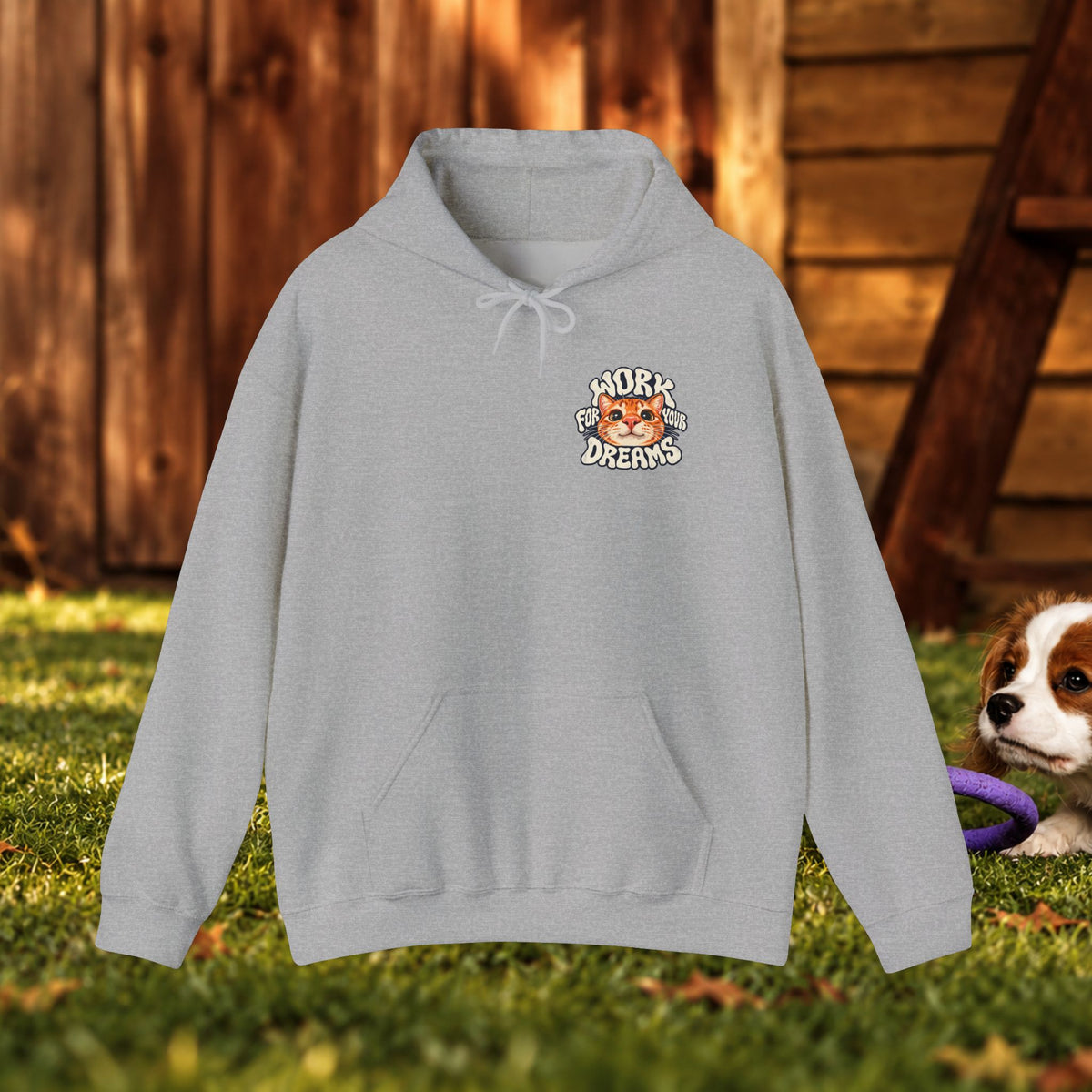 Hoodie - "Work For Your Dreams" Cute Cat Retro Graphic Hooded Sweatshirt