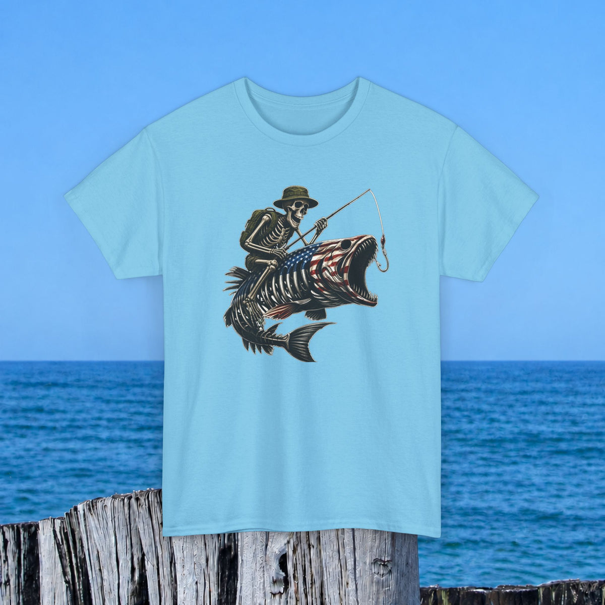 Fishing Skeleton T-Shirt — Patriotic American Fish Skull Graphic Tee