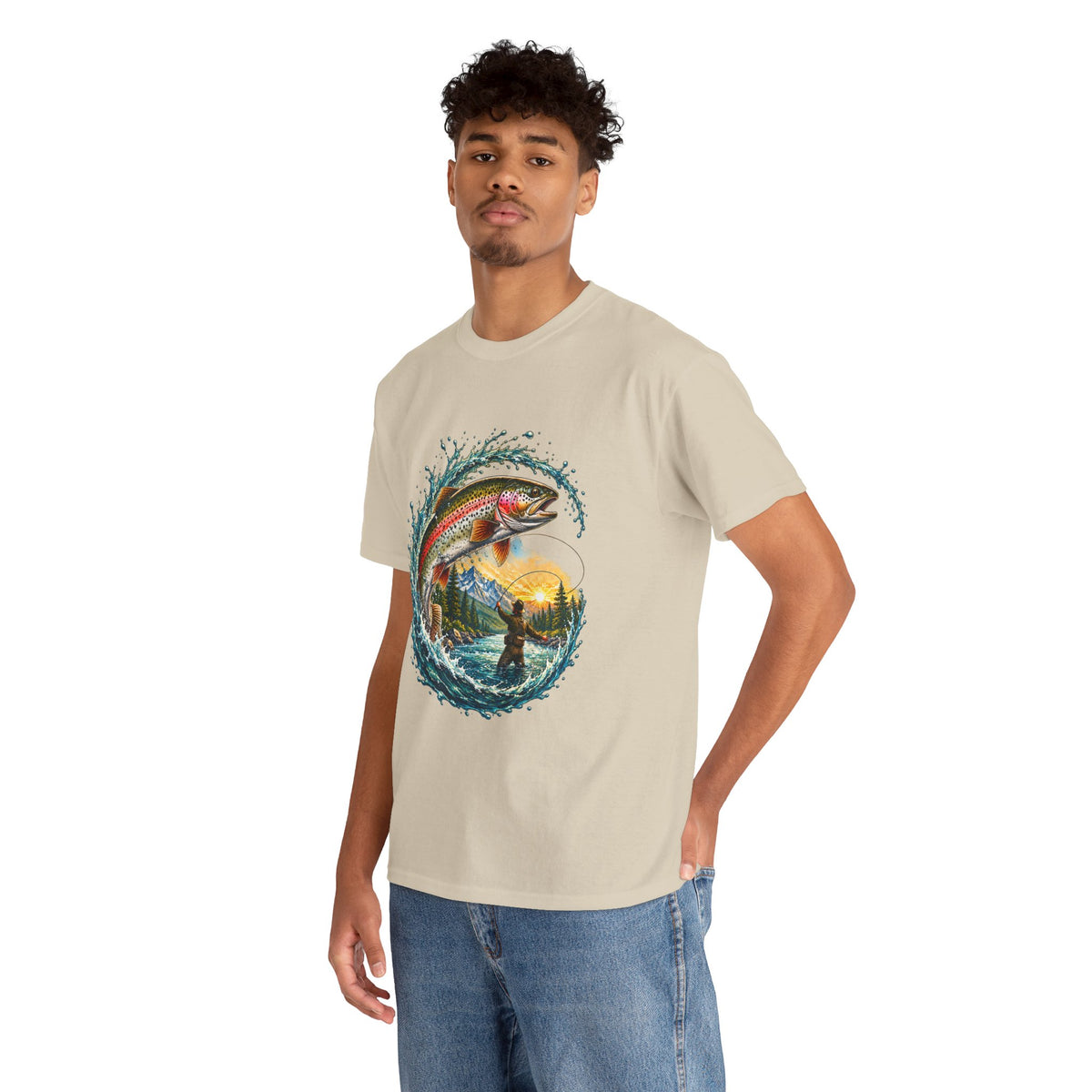 Fishing T-Shirt — Rainbow Trout Wave Design (Fisherman Sunset Scene)
