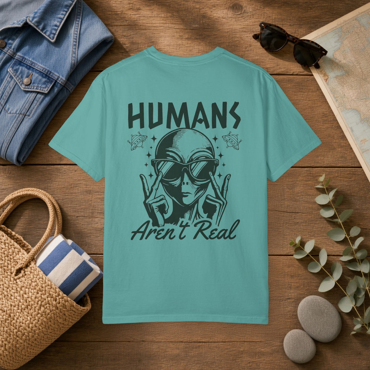 Alien Graphic T-Shirt — "Humans Aren't Real" Retro UFO Tee