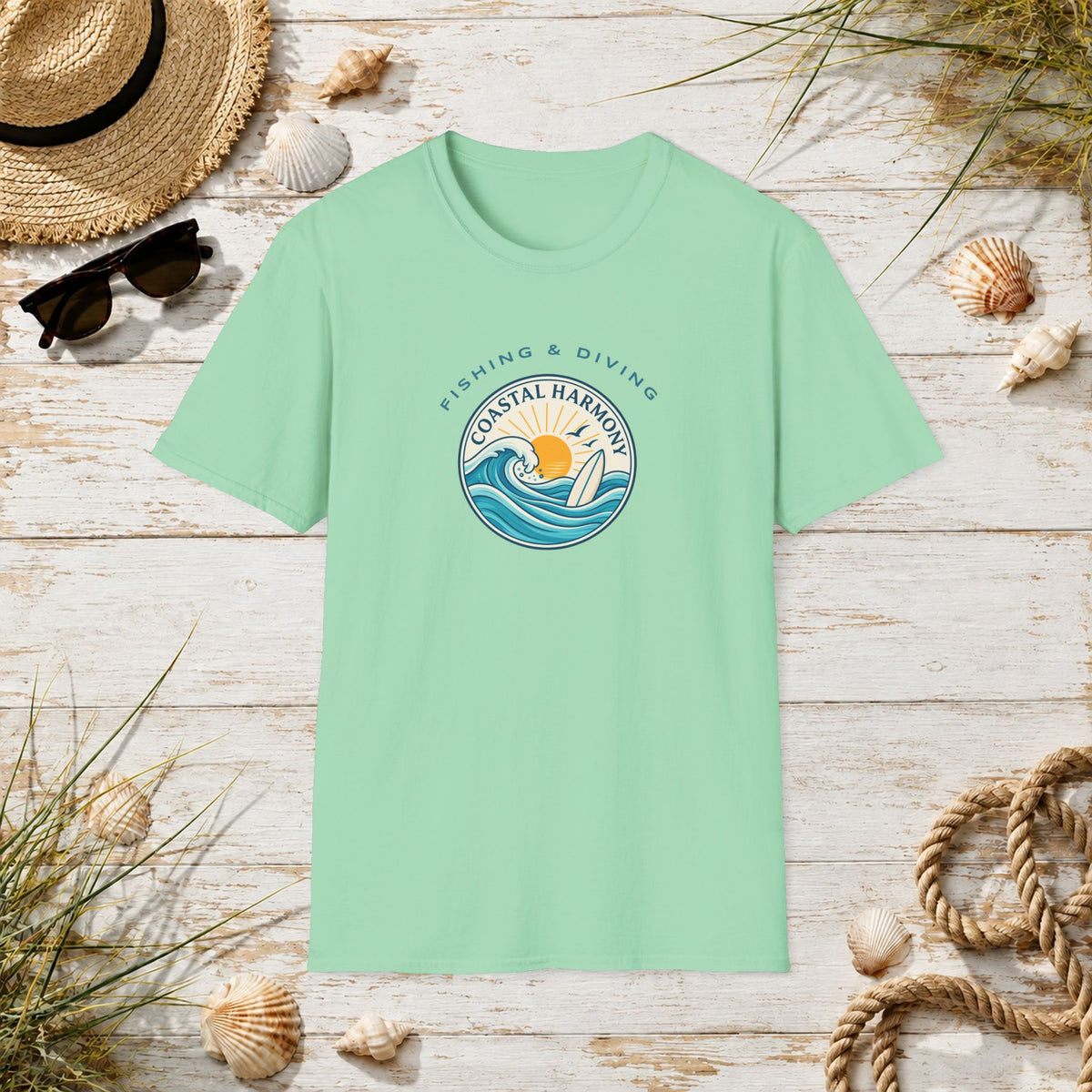 Coastal Harmony Surf & Fishing T-Shirt — Sun, Waves & Surfboard Graphic