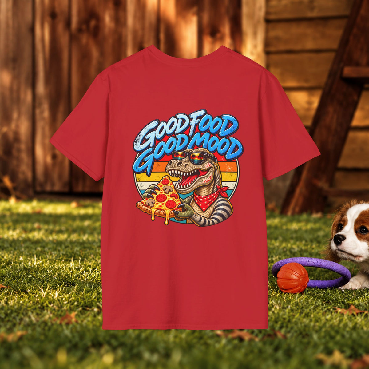 T-Shirt — "Good Food Good Mood" Raccoon Pizza Graphic Tee