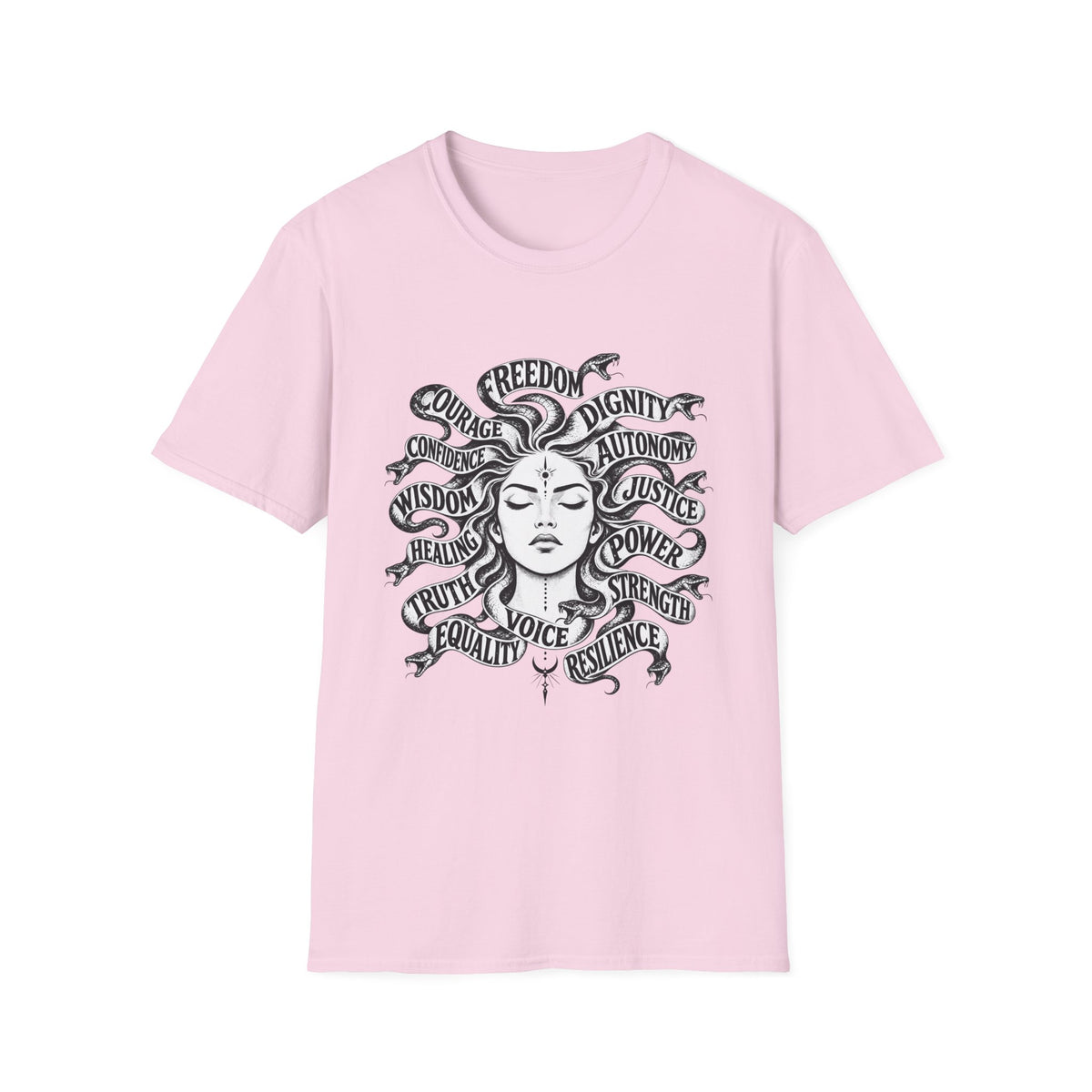 T-Shirt — Feminist Goddess Typography Tee (Freedom • Dignity • Autonomy • Justice)