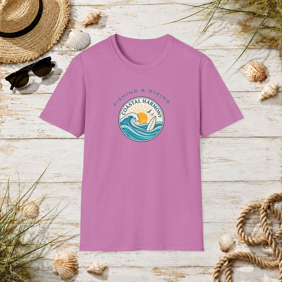 Coastal Harmony Surf & Fishing T-Shirt — Sun, Waves & Surfboard Graphic