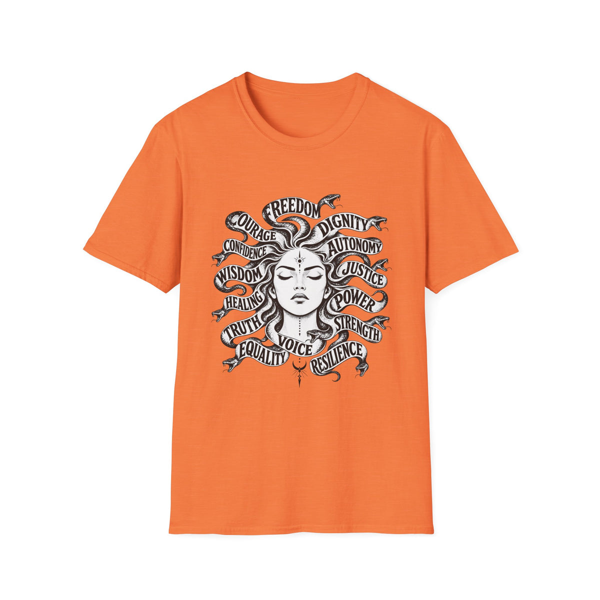 T-Shirt — Feminist Goddess Typography Tee (Freedom • Dignity • Autonomy • Justice)