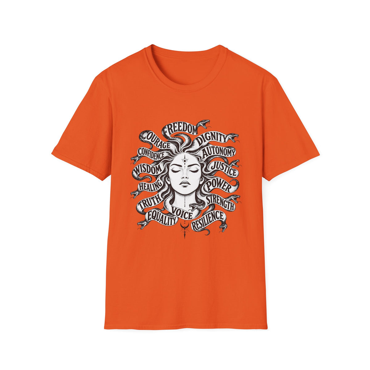 T-Shirt — Feminist Goddess Typography Tee (Freedom • Dignity • Autonomy • Justice)