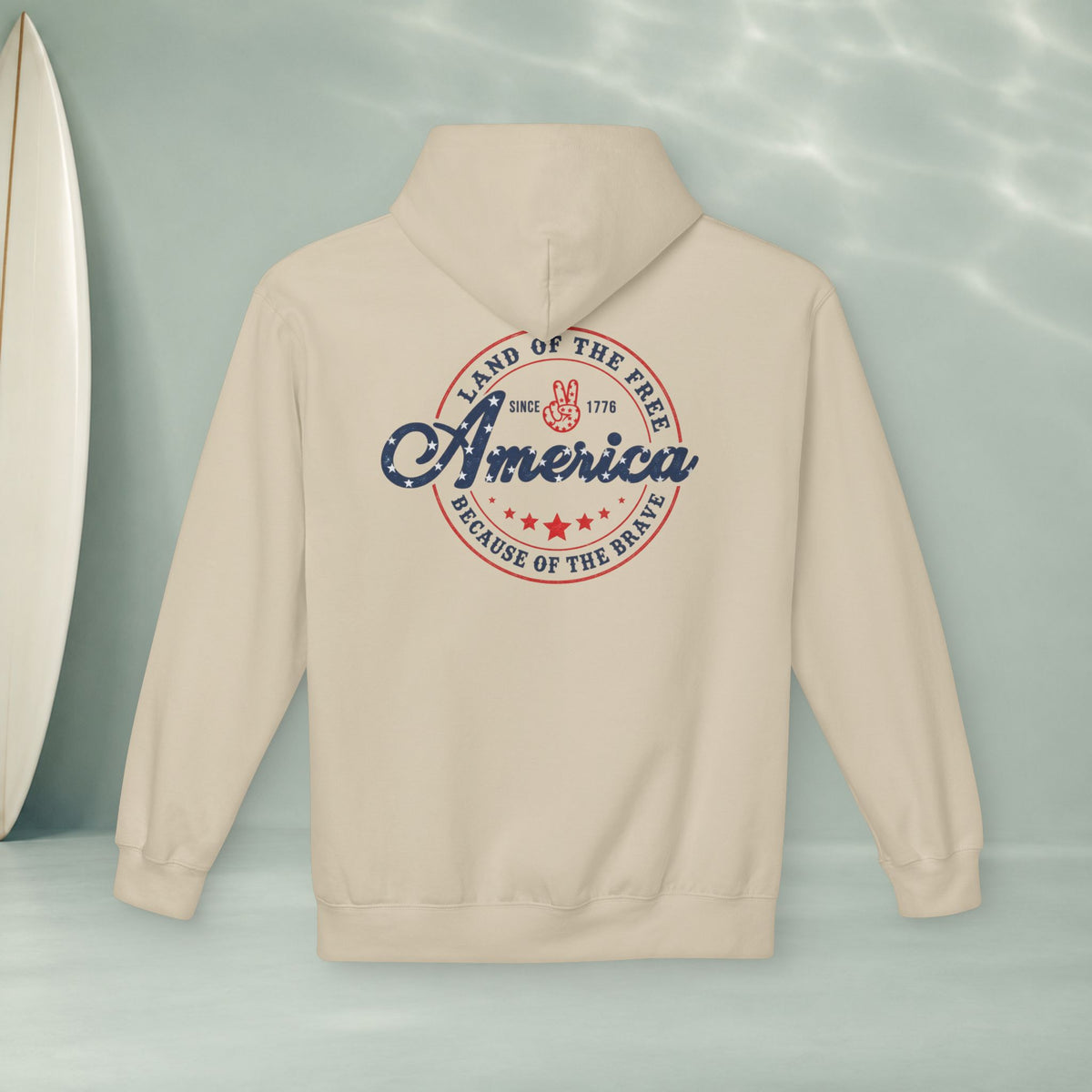 America Vintage Badge Hoodie — "Land of the Free, Because of the Brave"