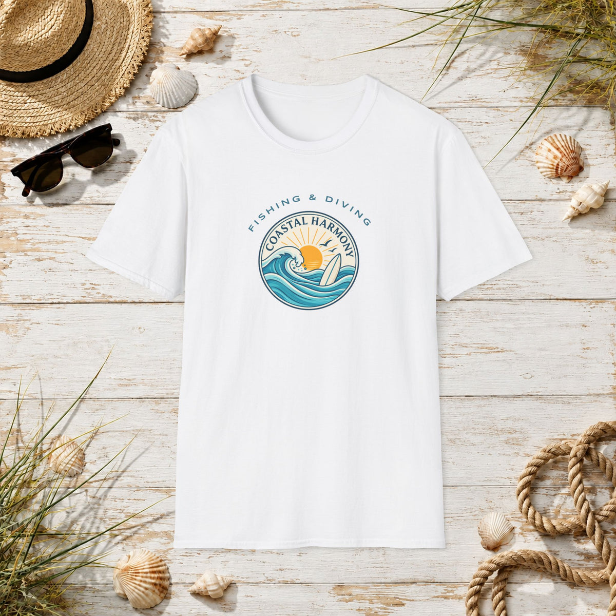 Coastal Harmony Surf & Fishing T-Shirt — Sun, Waves & Surfboard Graphic