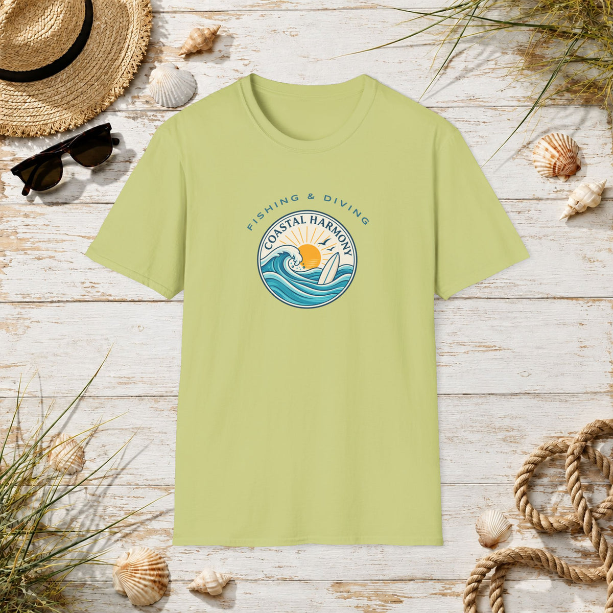 Coastal Harmony Surf & Fishing T-Shirt — Sun, Waves & Surfboard Graphic