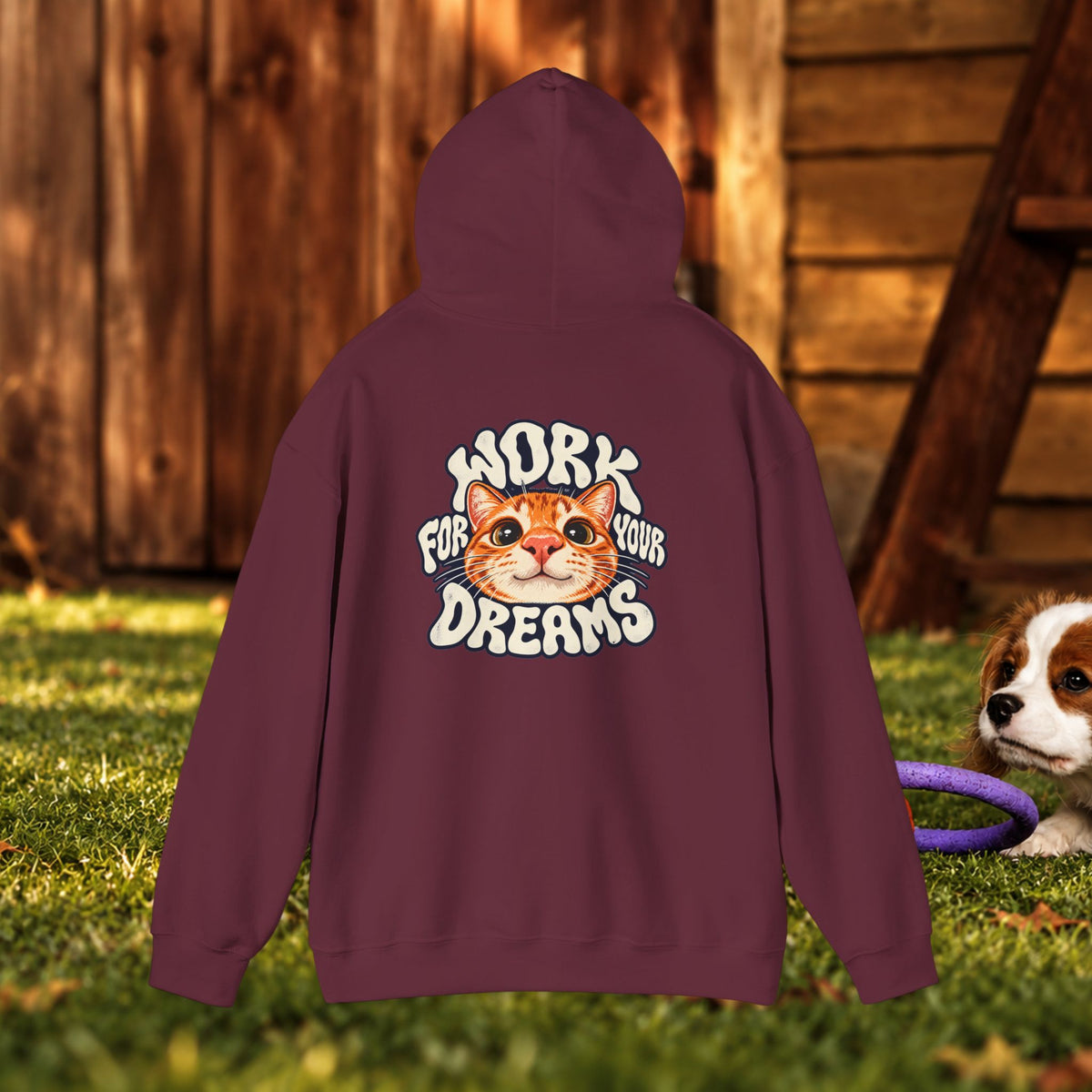 Hoodie - "Work For Your Dreams" Cute Cat Retro Graphic Hooded Sweatshirt