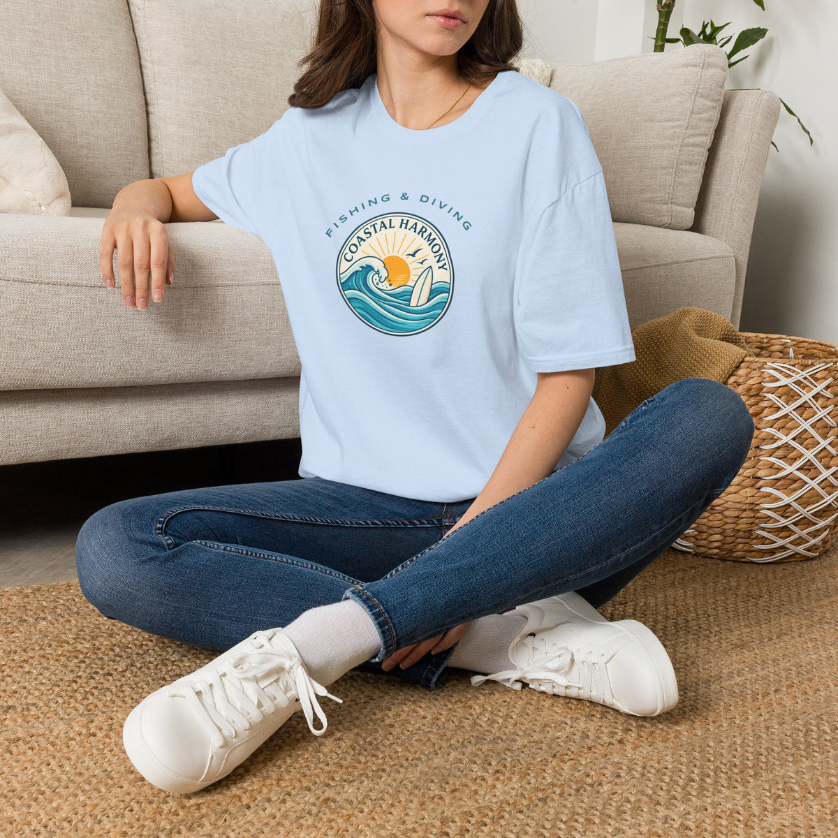 Coastal Harmony Surf & Fishing T-Shirt — Sun, Waves & Surfboard Graphic