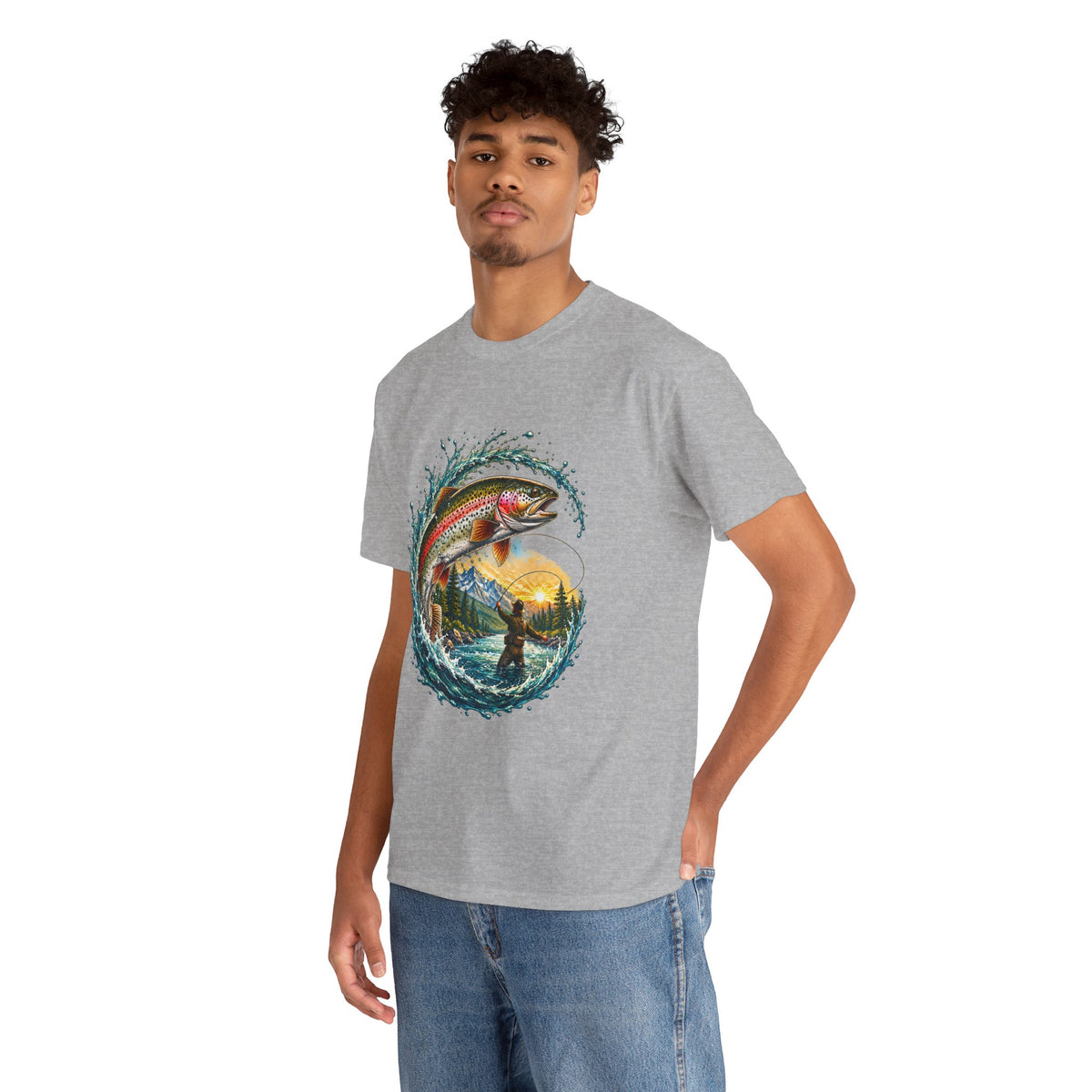 Fishing T-Shirt — Rainbow Trout Wave Design (Fisherman Sunset Scene)
