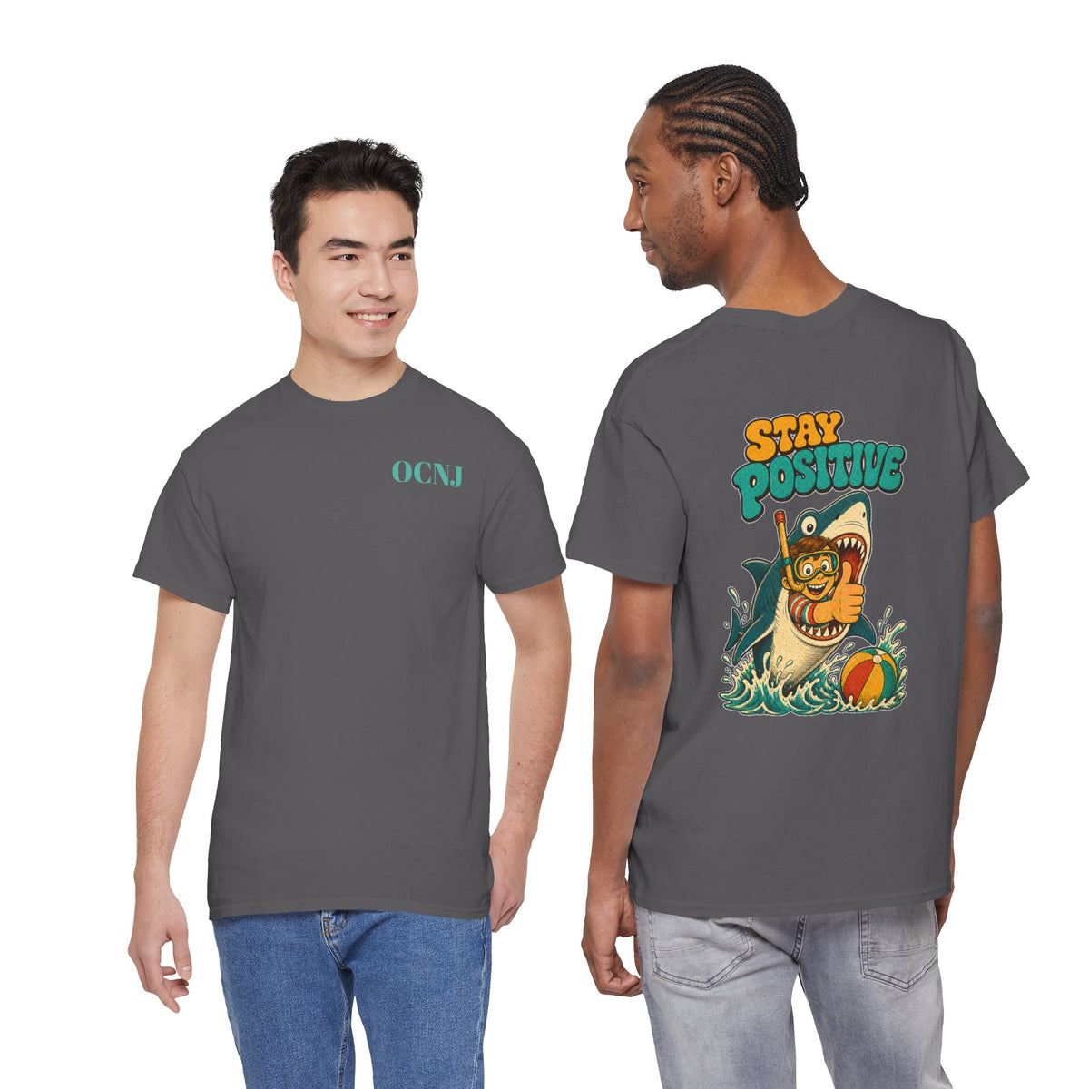 Stay Positive Shark Tee - Retro Surf Graphic T-Shirt