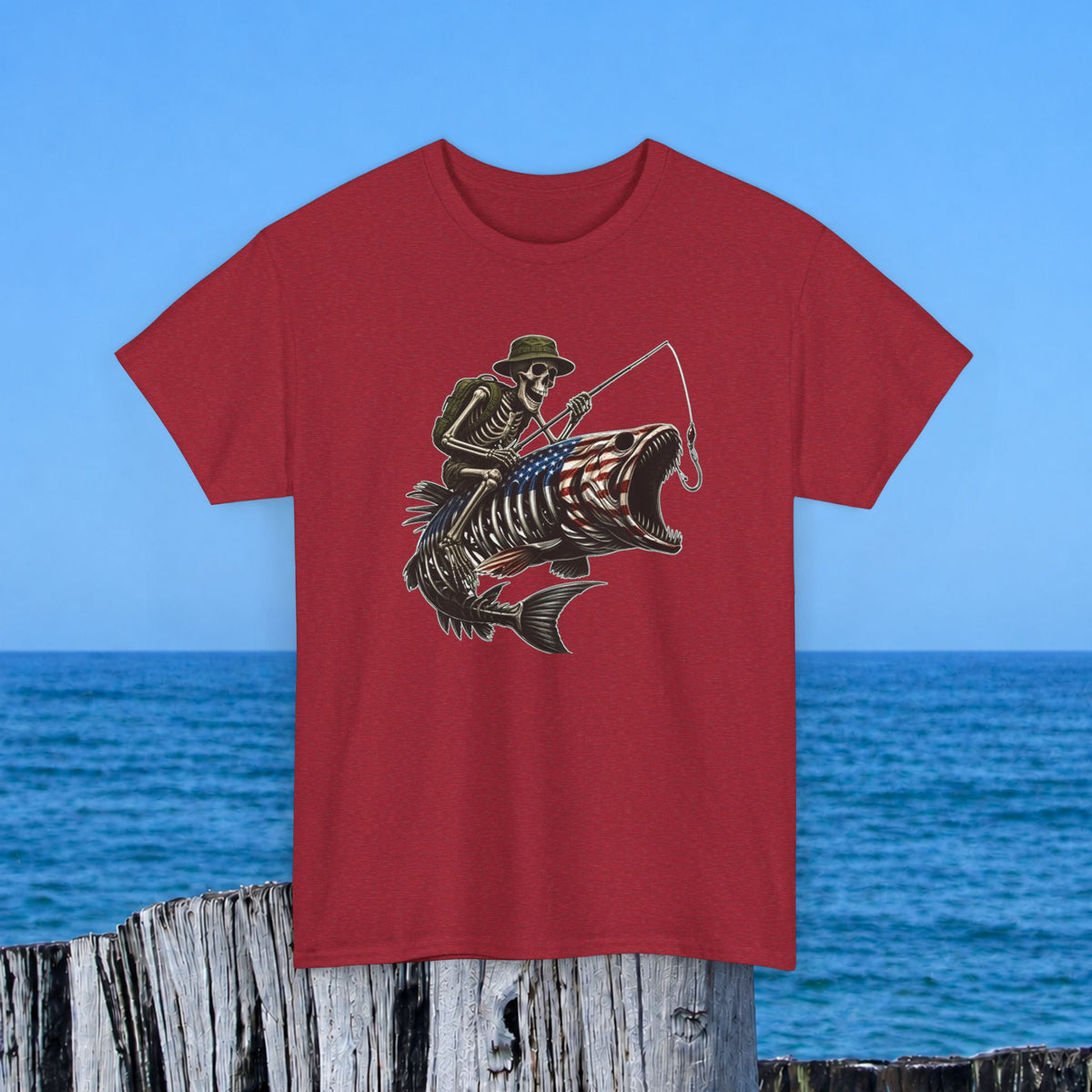 Fishing Skeleton T-Shirt — Patriotic American Fish Skull Graphic Tee