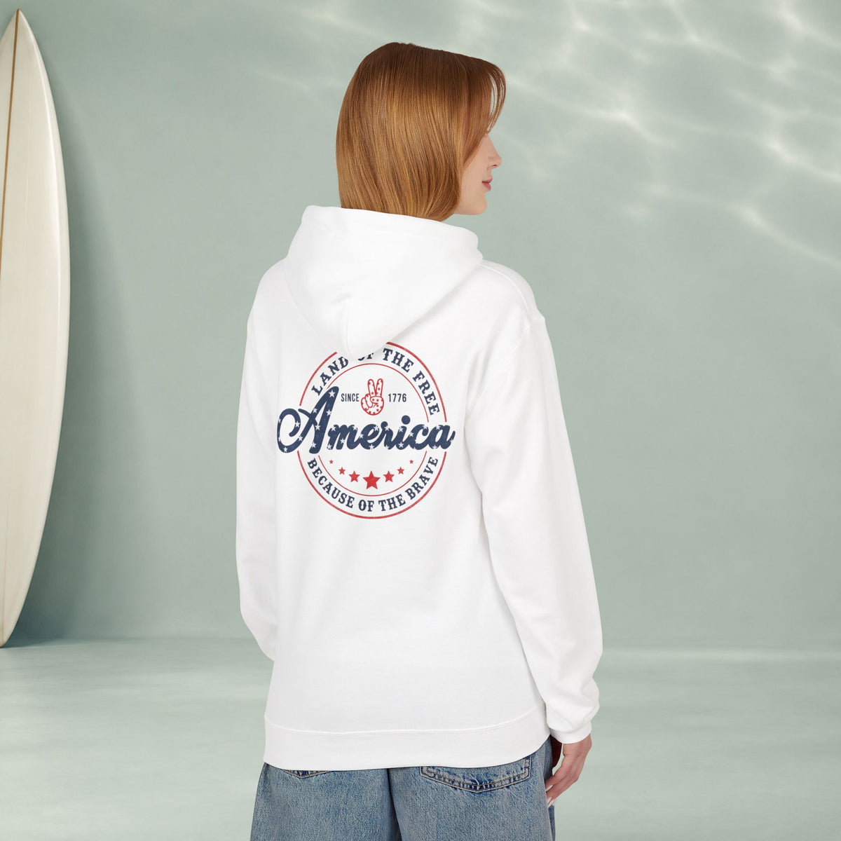 America Vintage Badge Hoodie — "Land of the Free, Because of the Brave"
