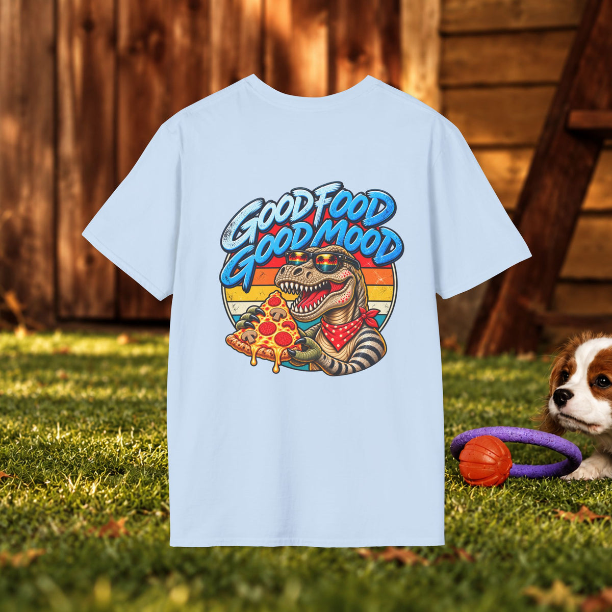 T-Shirt — "Good Food Good Mood" Raccoon Pizza Graphic Tee