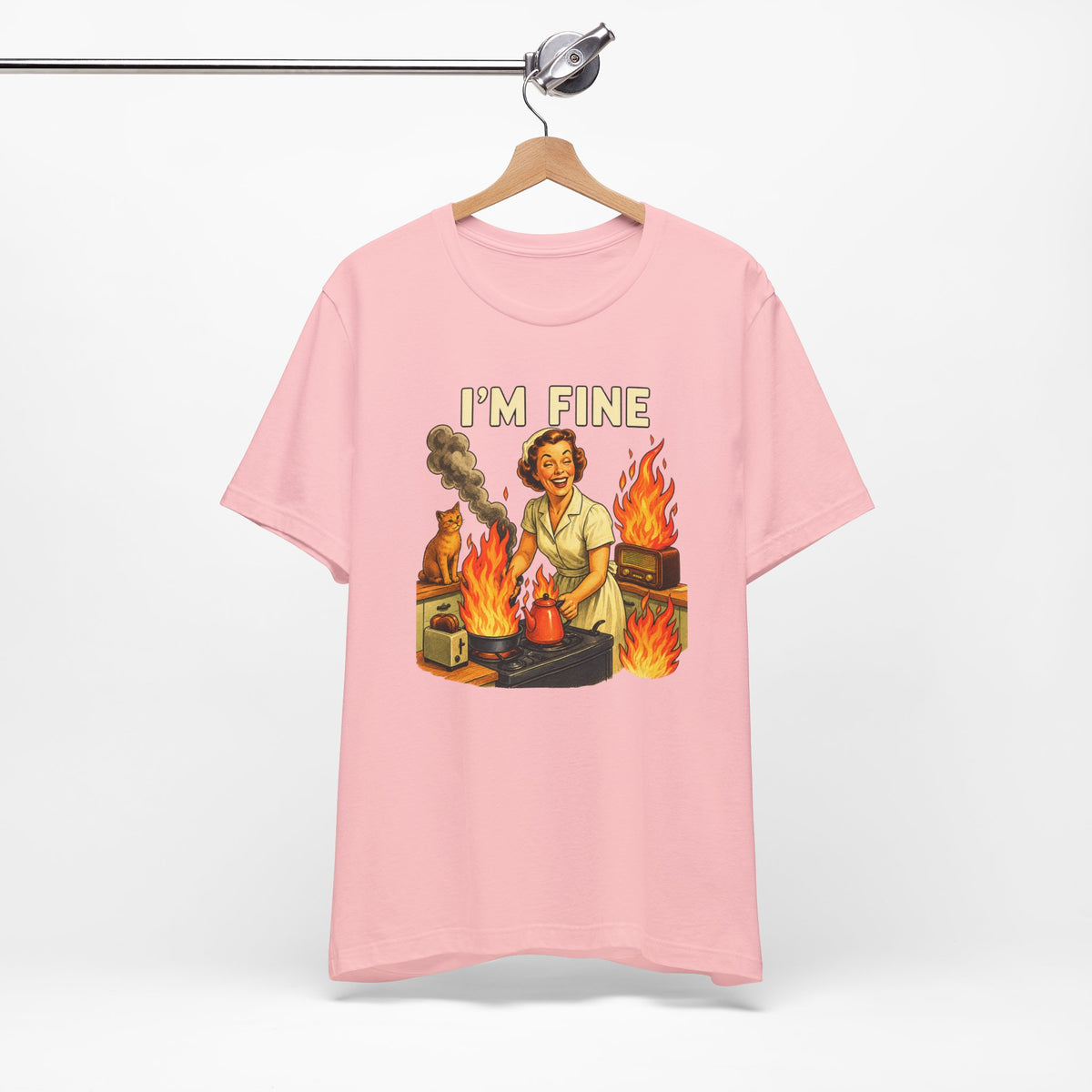 I'm Fine T‑Shirt — Retro Housewife Amid Kitchen Flames Graphic Tee