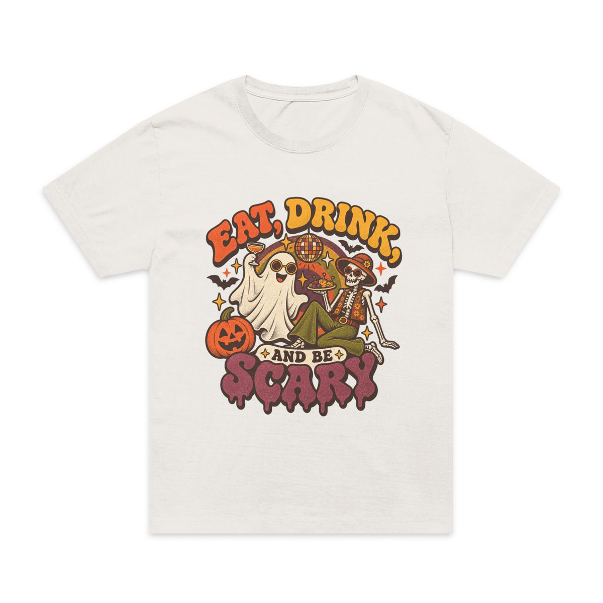 Halloween T-Shirt — "Eat, Drink, and Be Scary" Retro Ghost & Pumpkin Tee