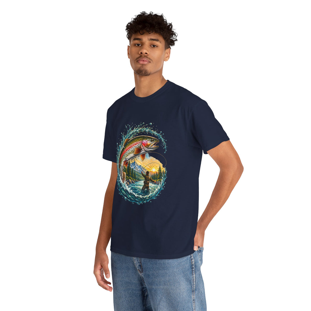 Fishing T-Shirt — Rainbow Trout Wave Design (Fisherman Sunset Scene)