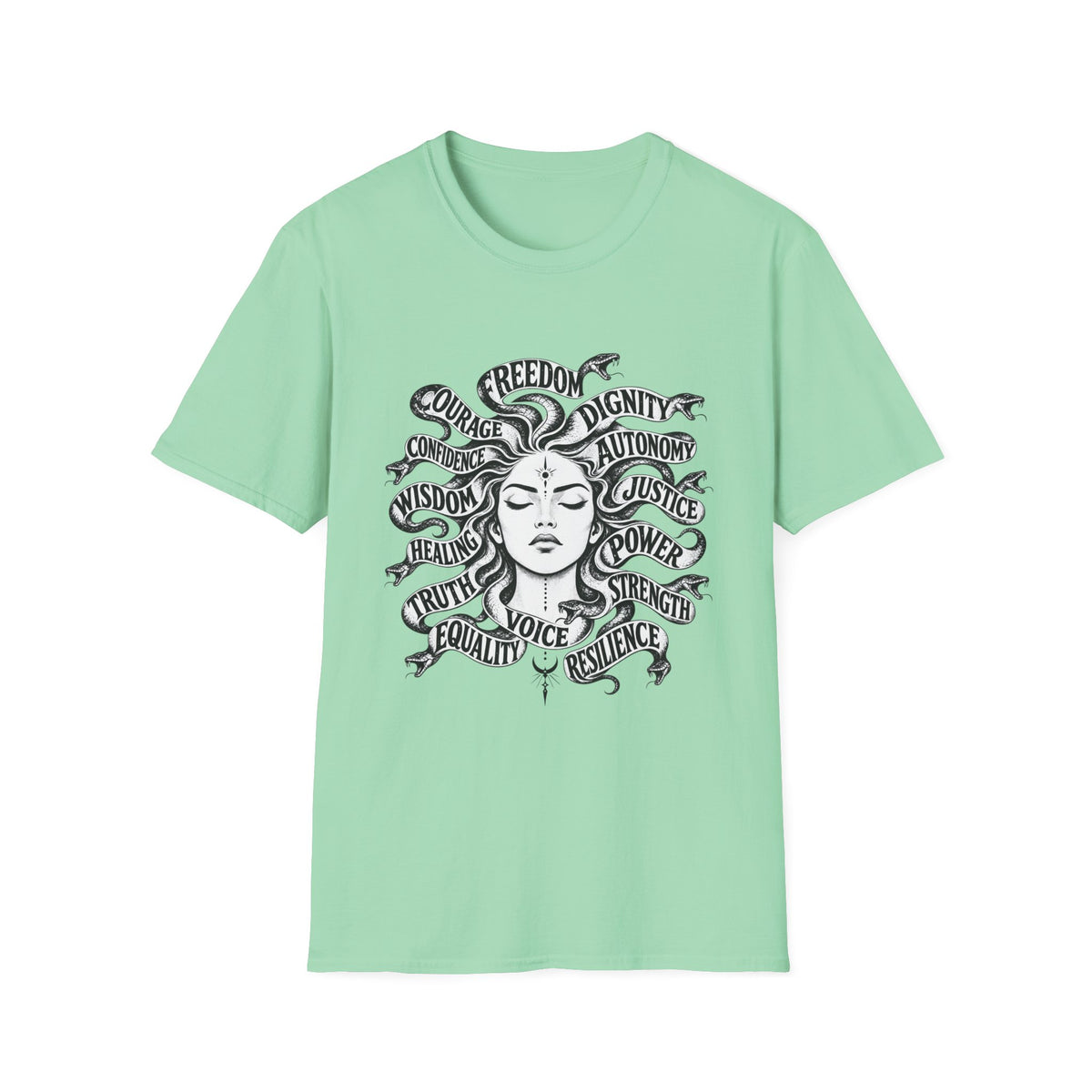 T-Shirt — Feminist Goddess Typography Tee (Freedom • Dignity • Autonomy • Justice)